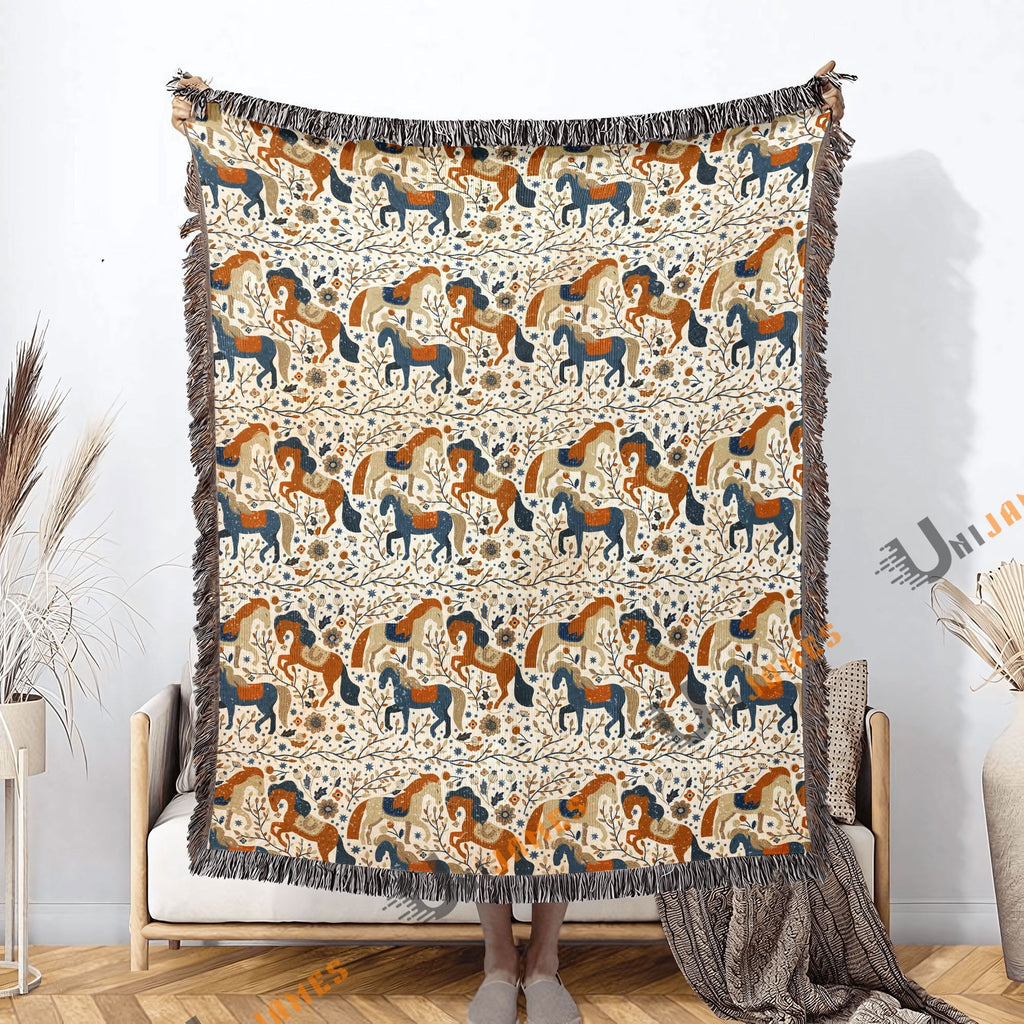 Horse Blossom Pattern Woven Blanket