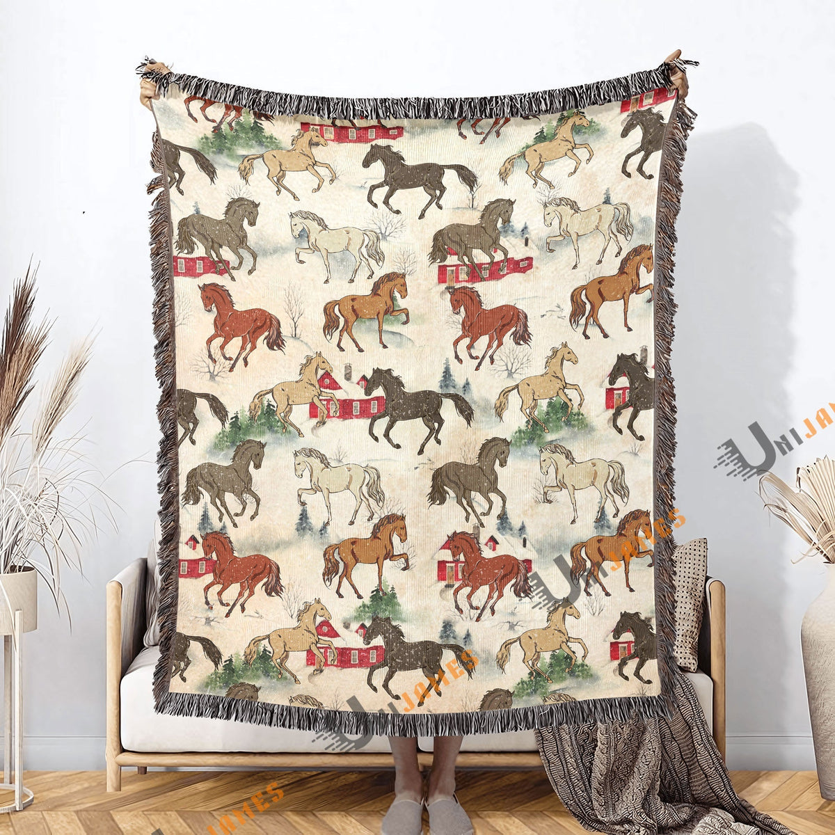 Horse Farm Pattern Woven Blanket
