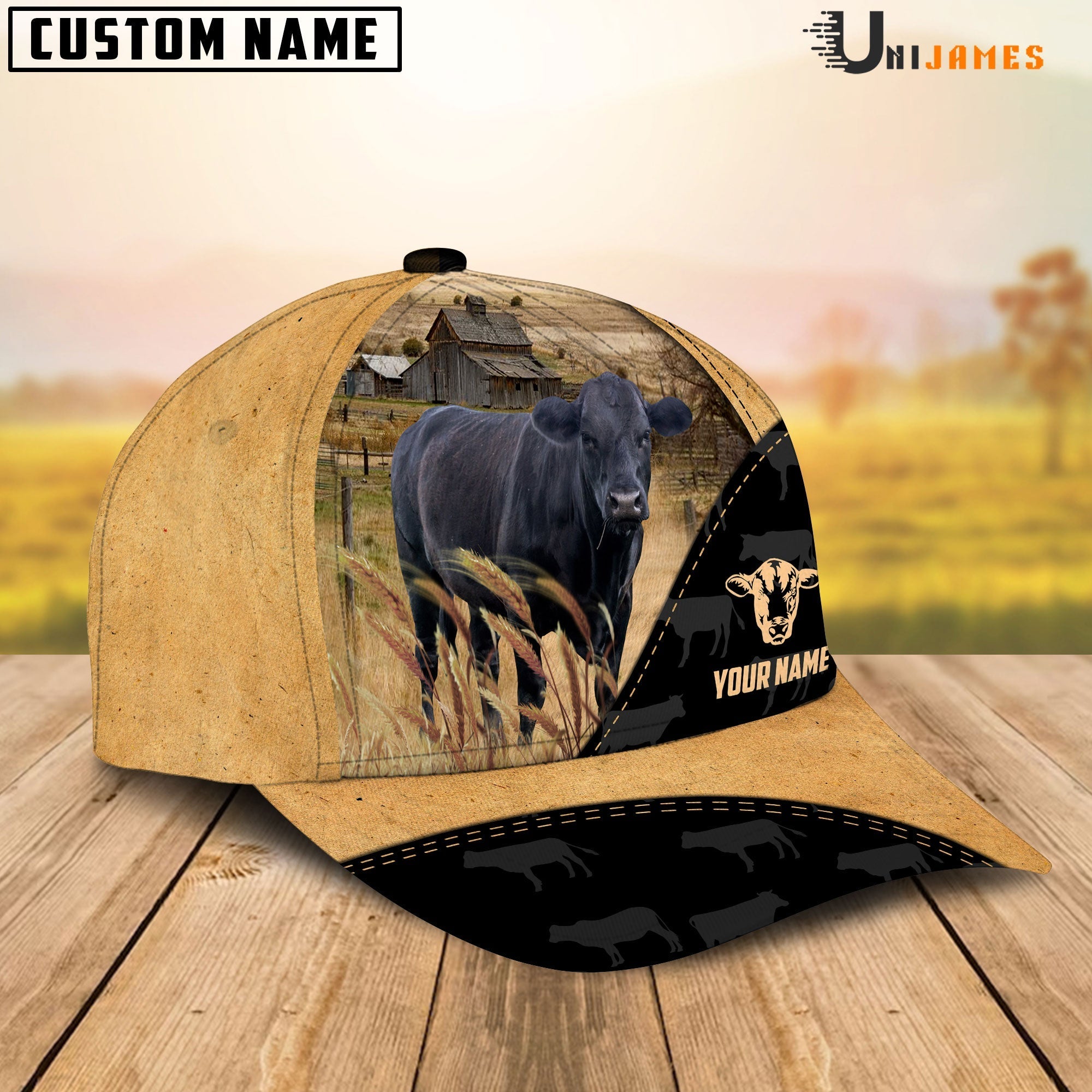 Black Angus Cattle Black & Yellow Personalized Name Cap