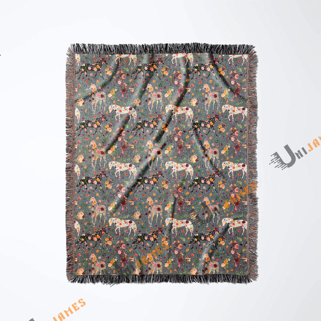 Horse Floral Pattern Woven Blanket