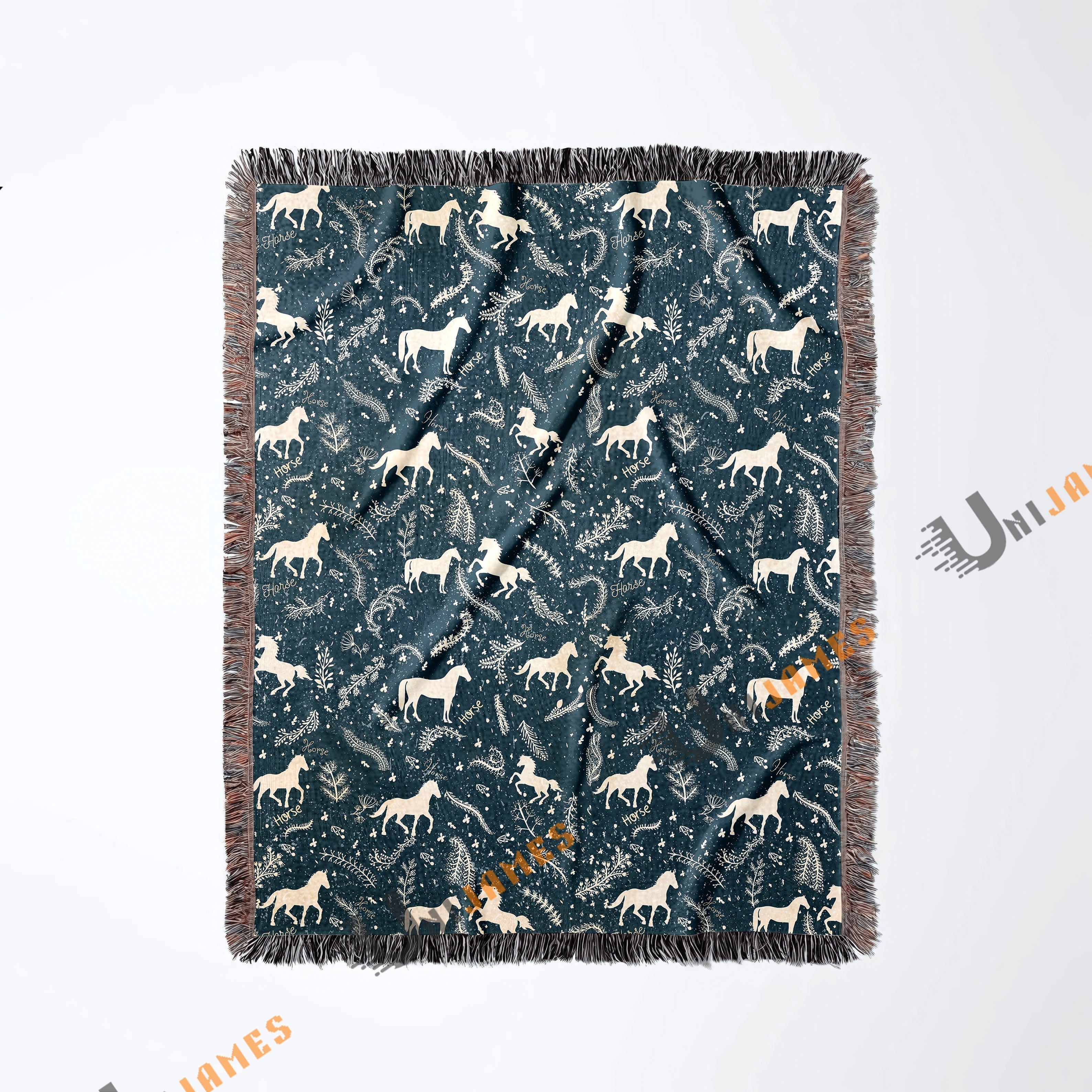 Horse Navy Blue Pattern Woven Blanket