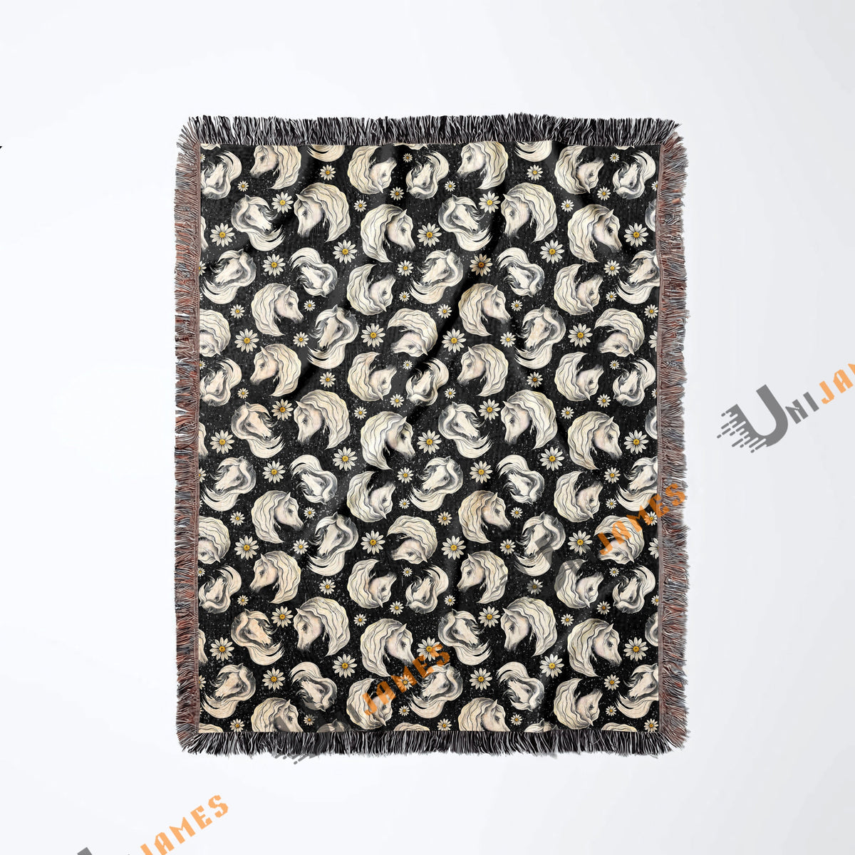 Horse Flower Pattern Black Woven Blanket