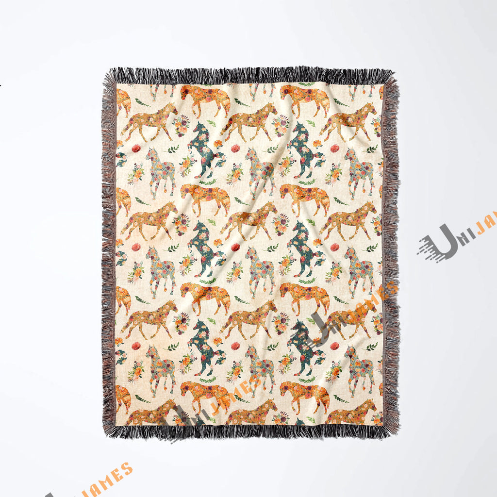 Horse Floral Yellow Pattern Woven Blanket