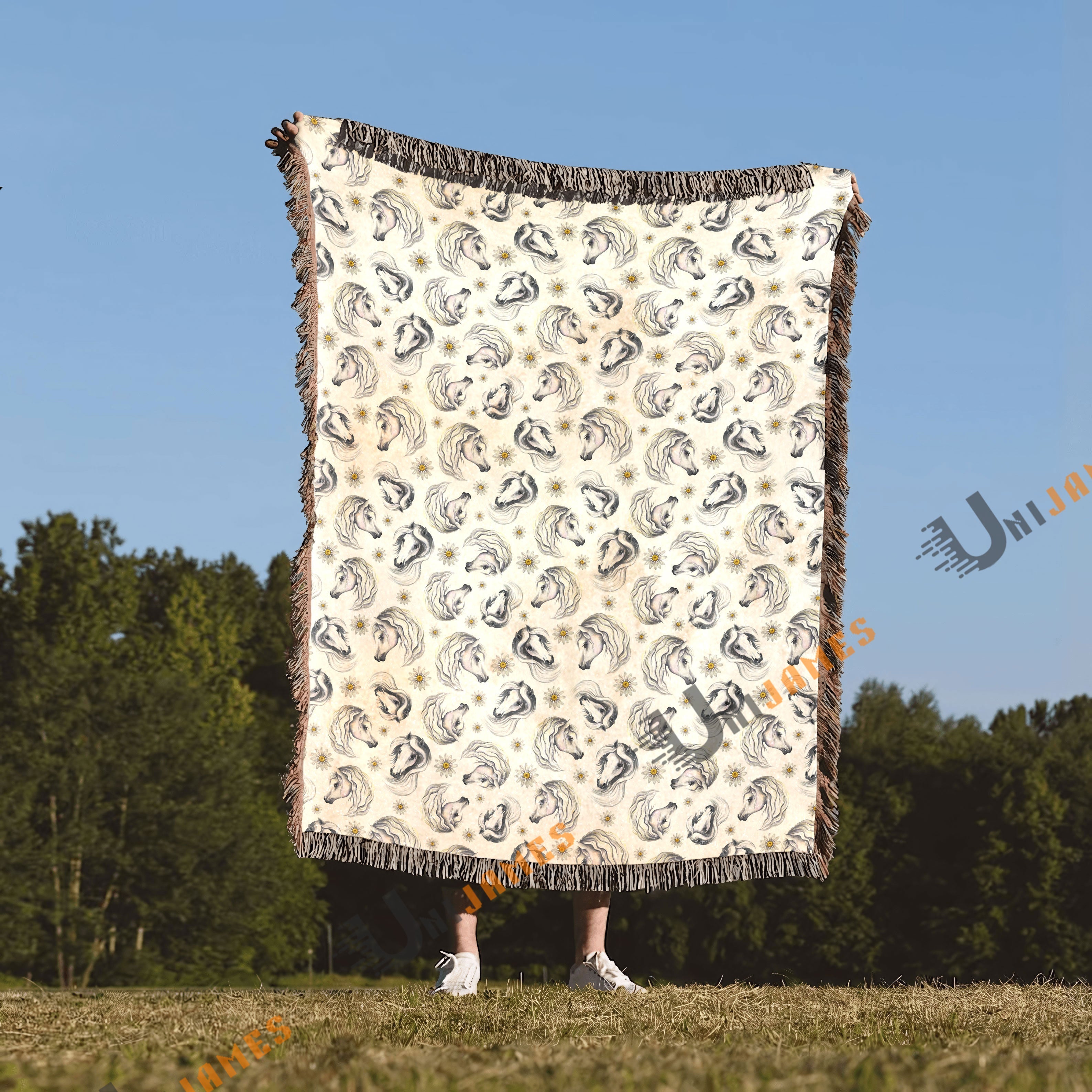 Horse Flower Pattern Woven Blanket