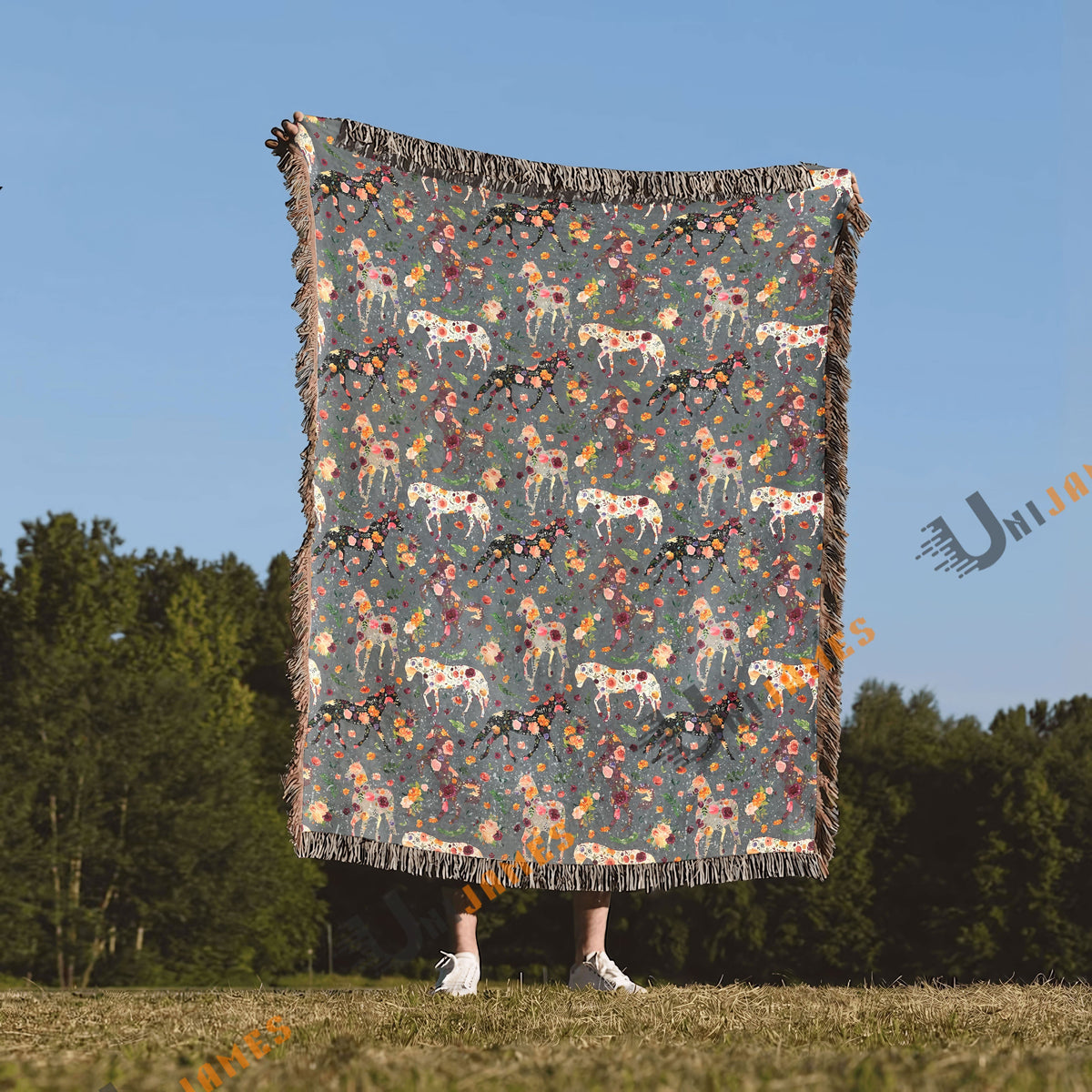 Horse Floral Pattern Woven Blanket