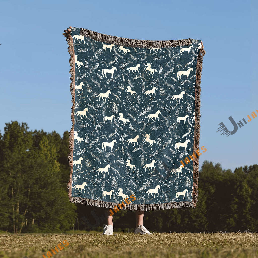 Horse Navy Blue Pattern Woven Blanket