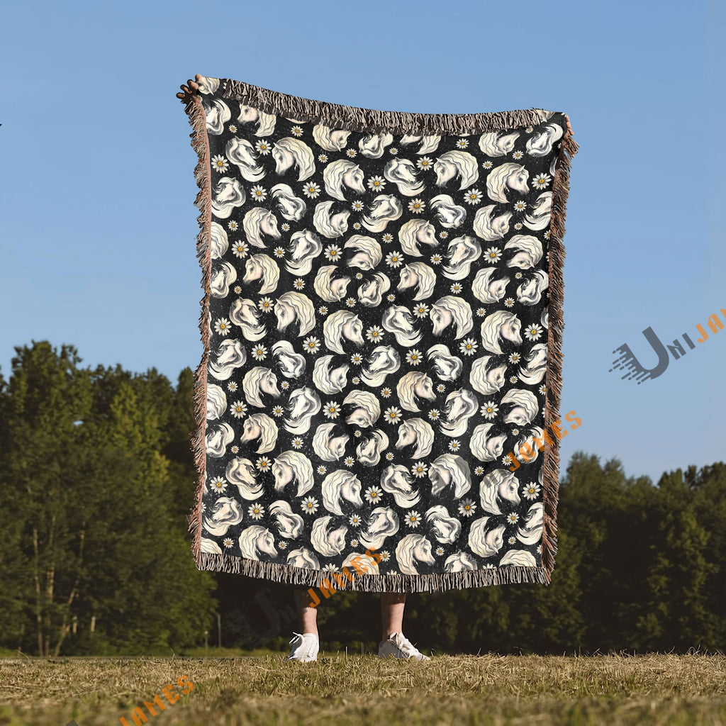 Horse Flower Pattern Black Woven Blanket