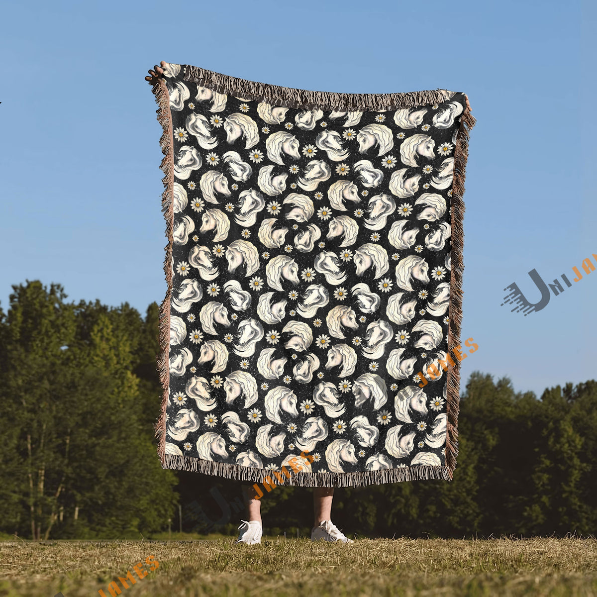 Horse Flower Pattern Black Woven Blanket