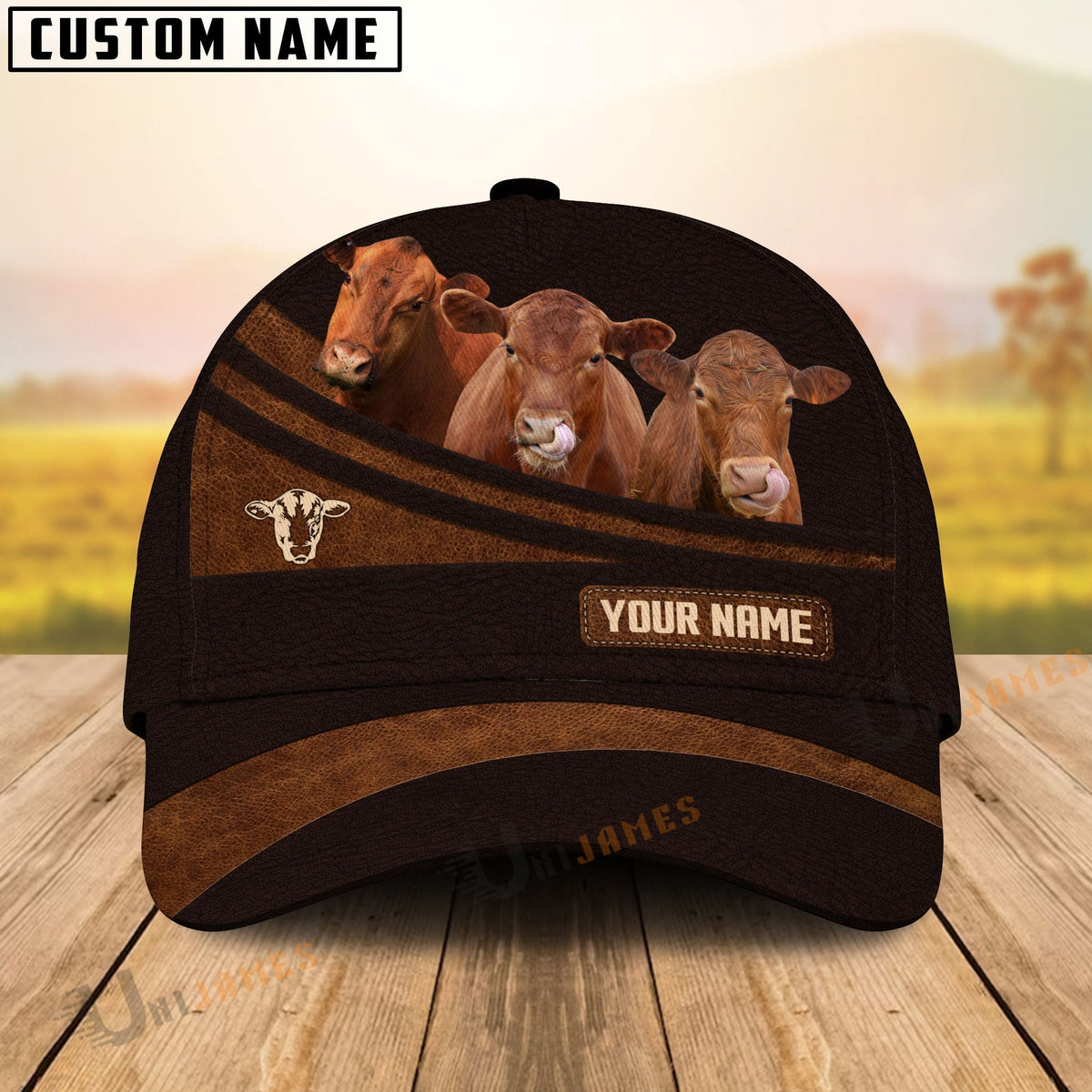Red Angus Farm Leather Pattern Customized Name Cap