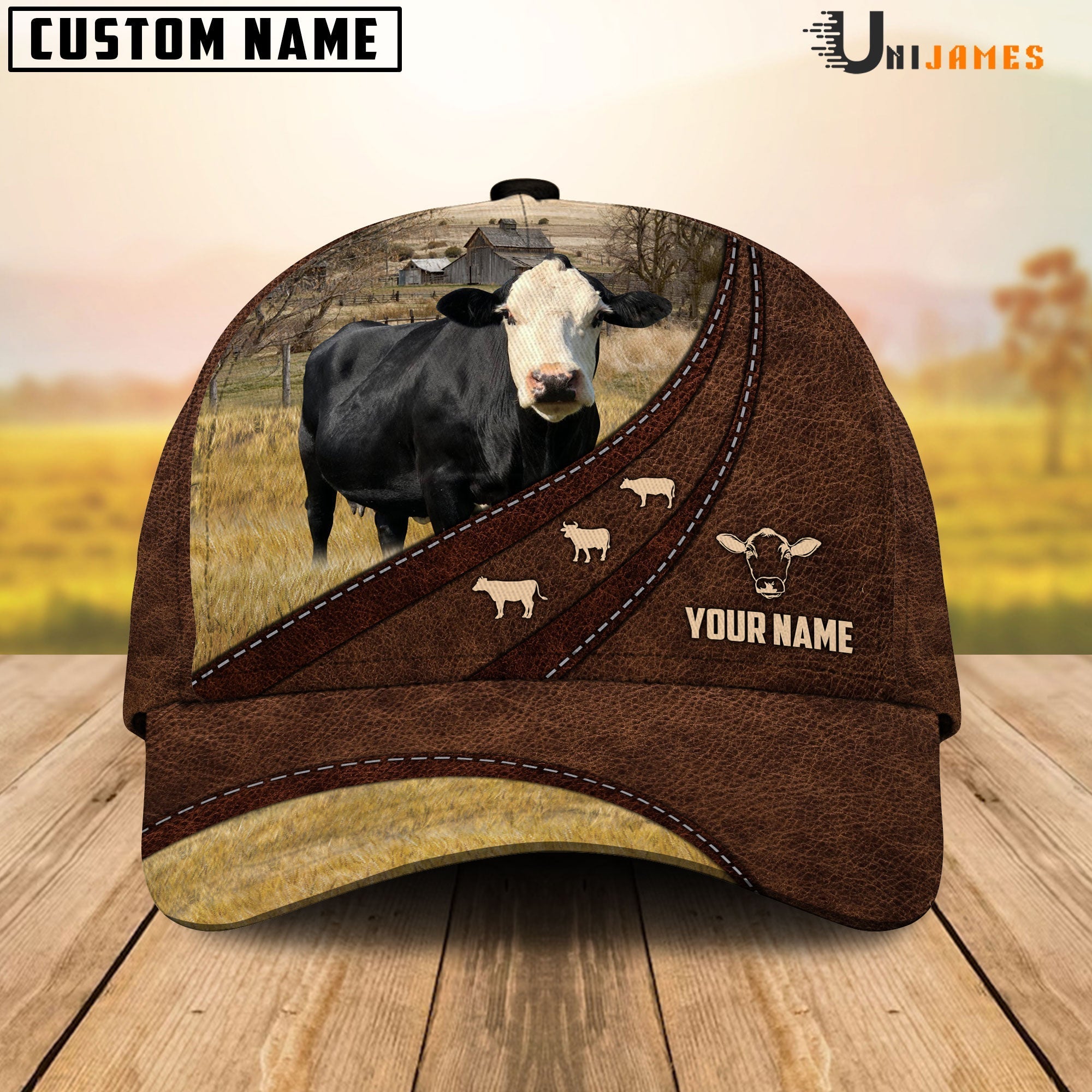 Black Baldy Amazing Farm Leather Pattern Customized Name Cap