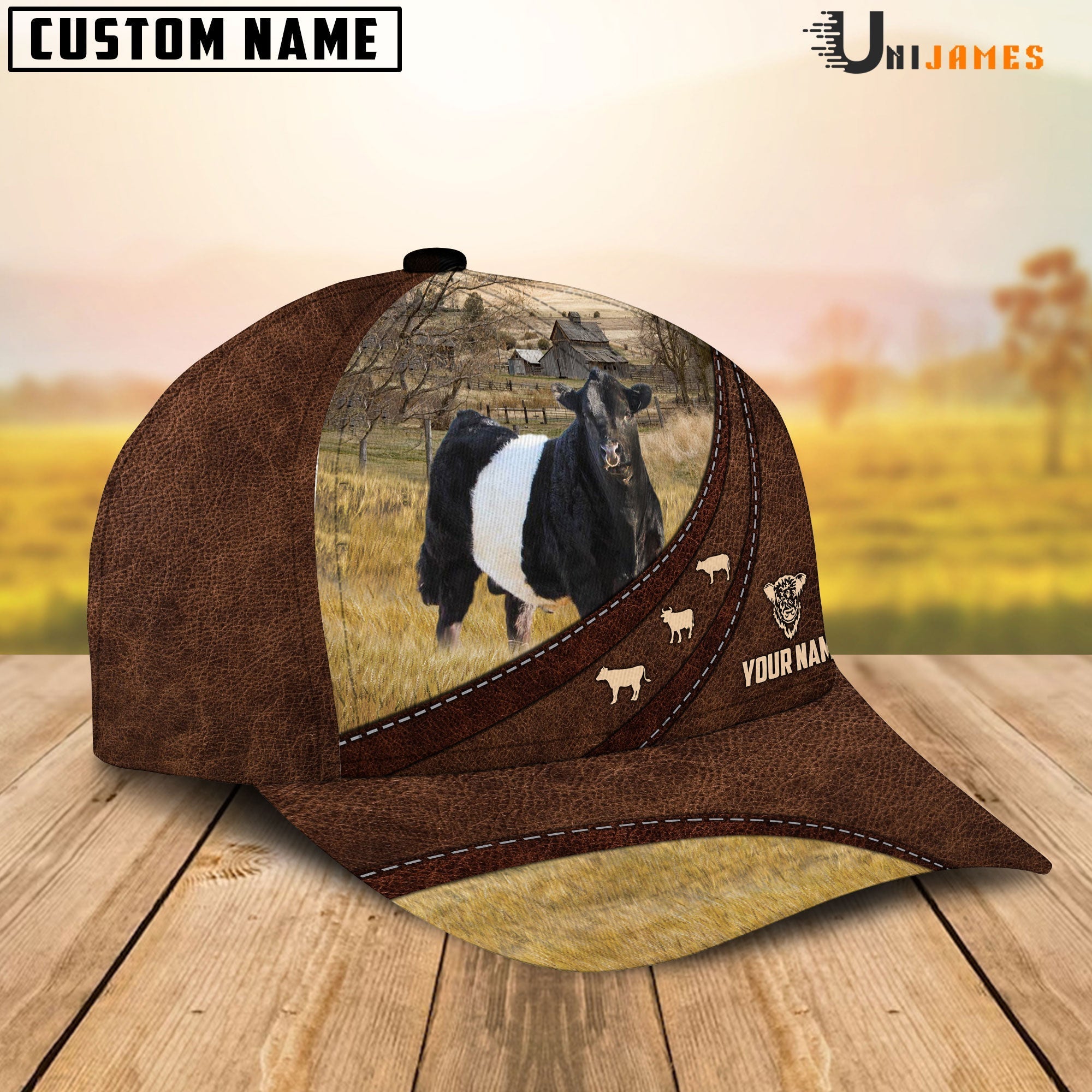 Belted Galloway Amazing Farm Leather Pattern Customized Name Cap