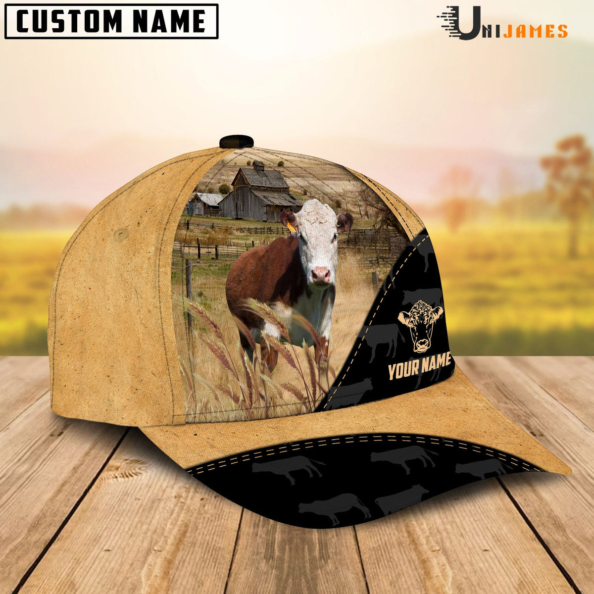 Hereford Cattle Black & Yellow Personalized Name Cap