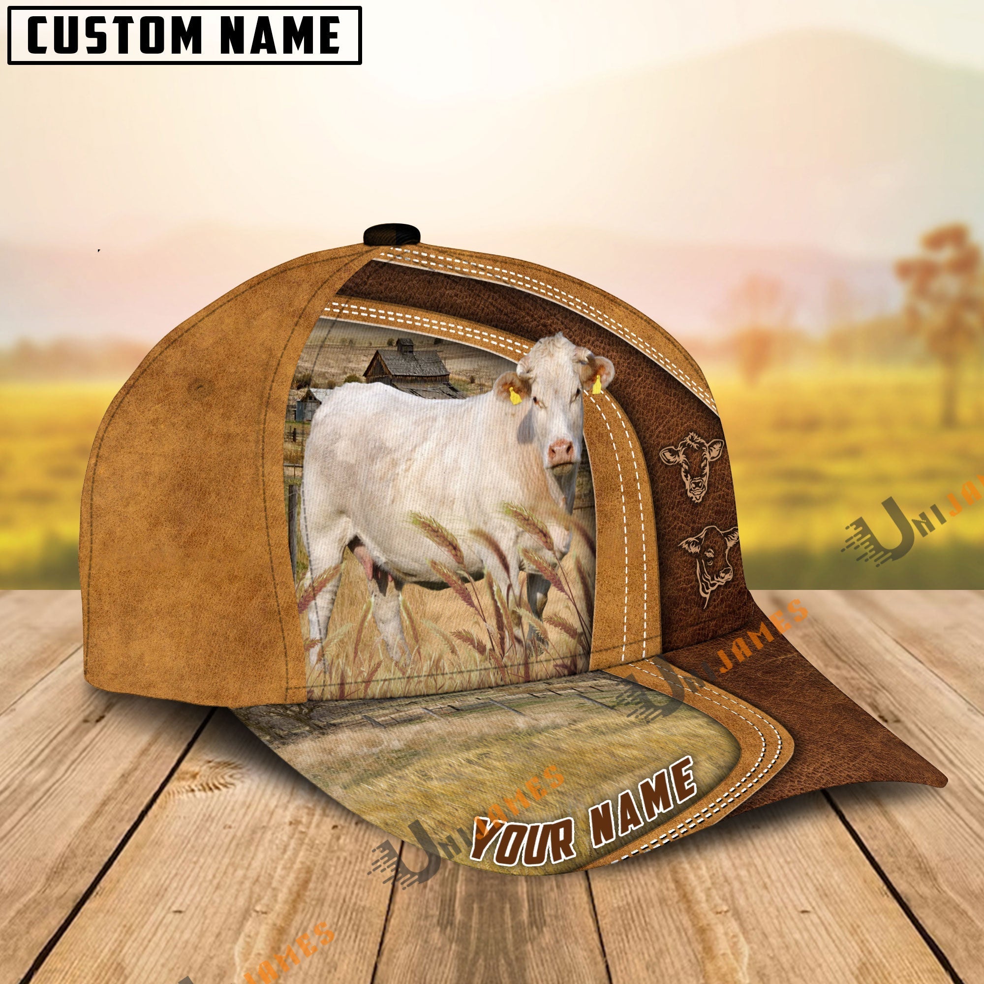 Charolais Ranch Lift Leather Pattern Customized Name Cap