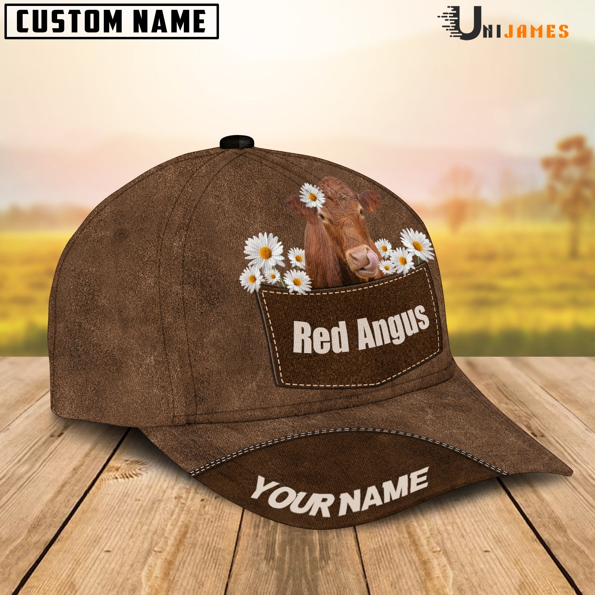 Red Angus Daisy Flowers Brown Customized Name Cap