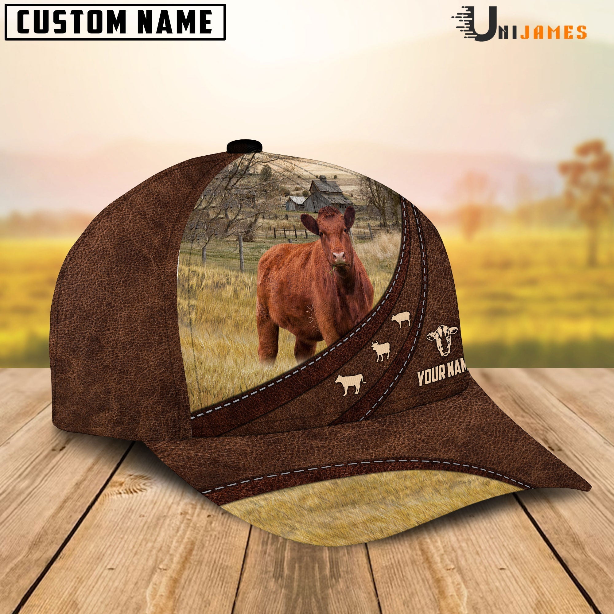 Red Angus Amazing Farm Leather Pattern Customized Name Cap