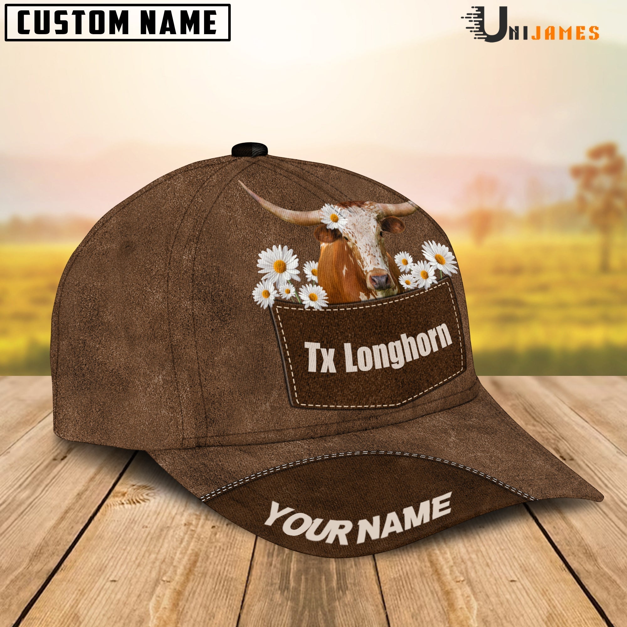 Texas Longhorn Daisy Flowers Brown Customized Name Cap