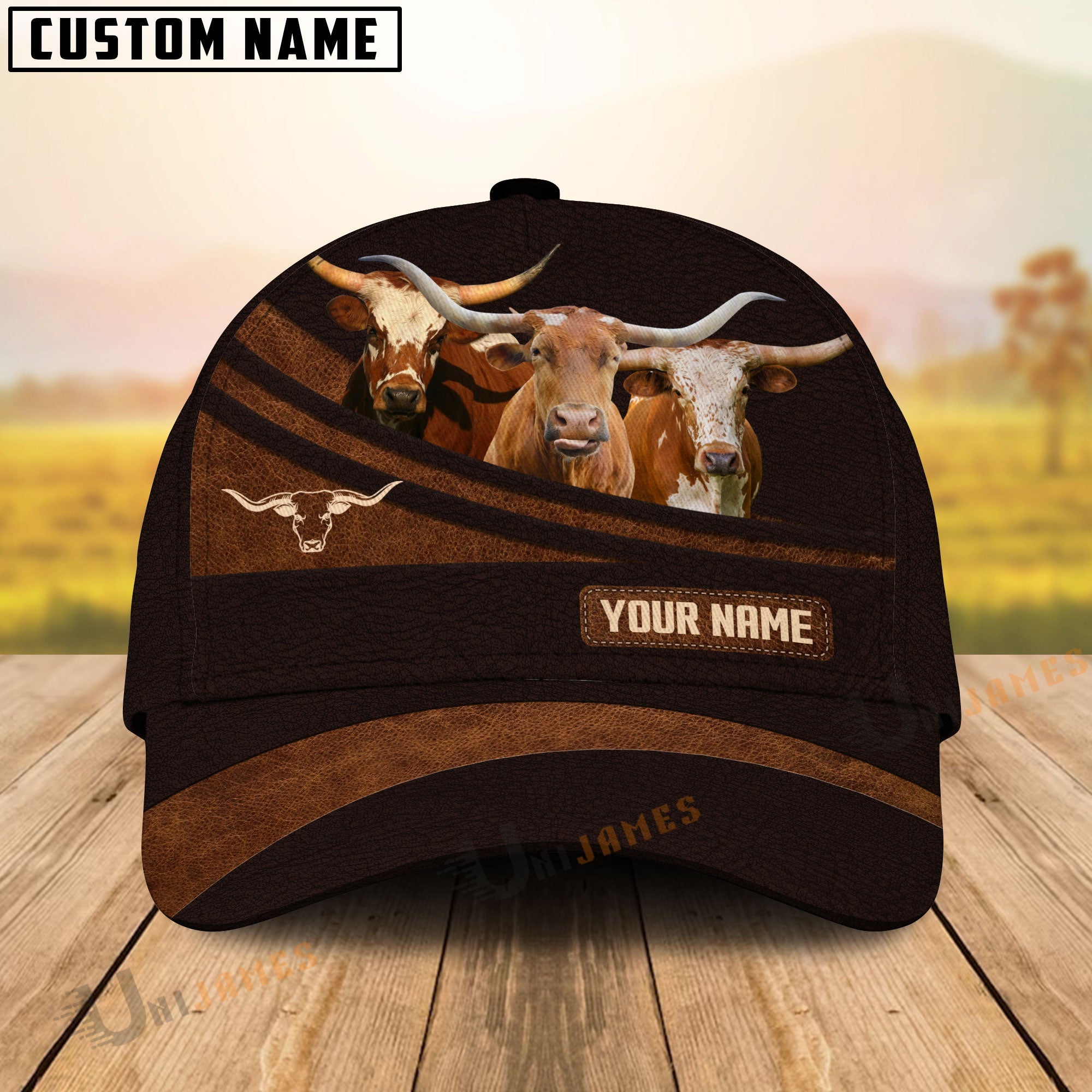 Texas Longhorn Farm Leather Pattern Customized Name Cap