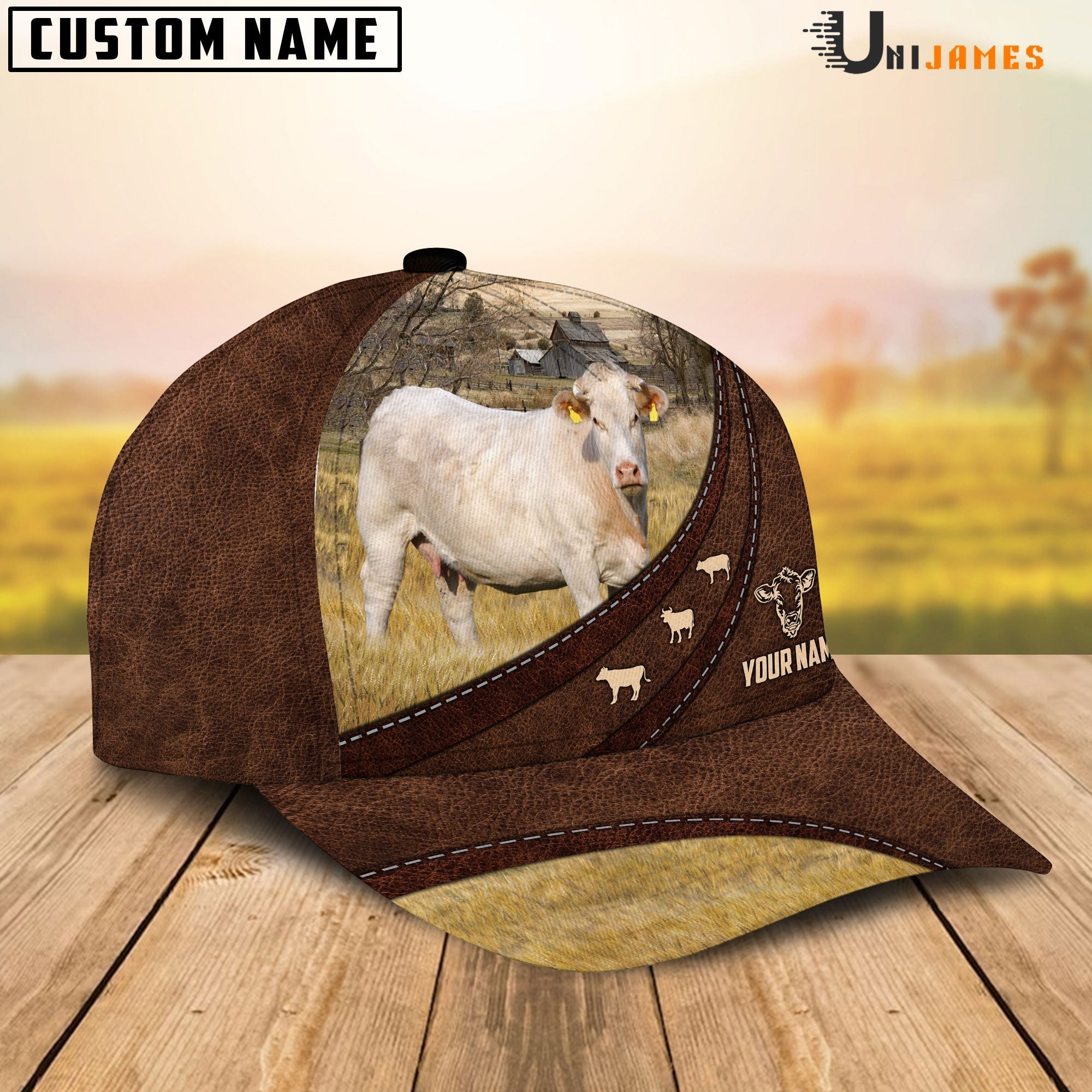 Charolais Amazing Farm Leather Pattern Customized Name Cap