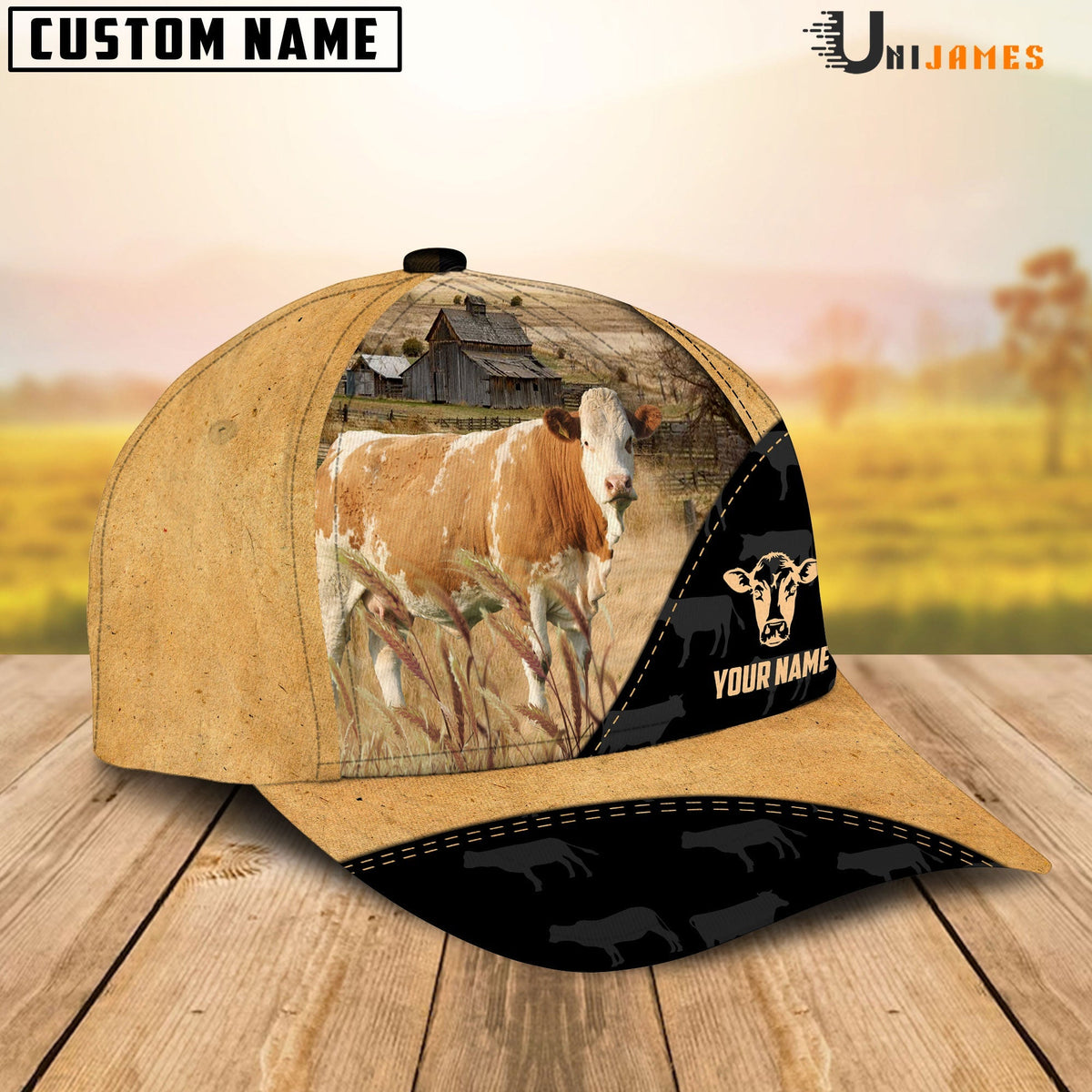 Simmental Cattle Black & Yellow Personalized Name Cap