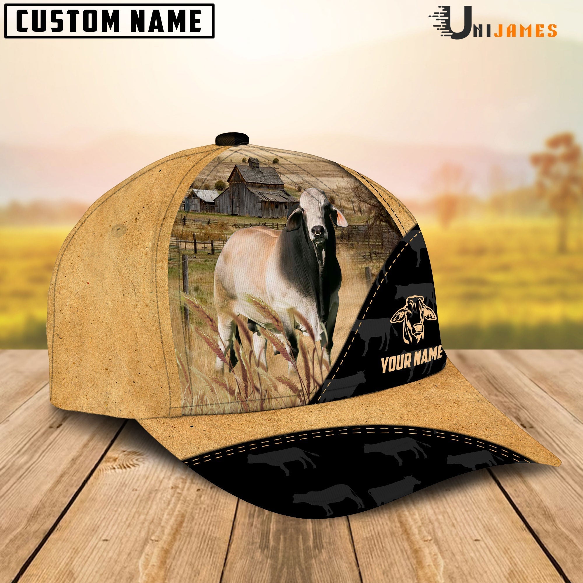 Brahman Cattle Black & Yellow Personalized Name Cap