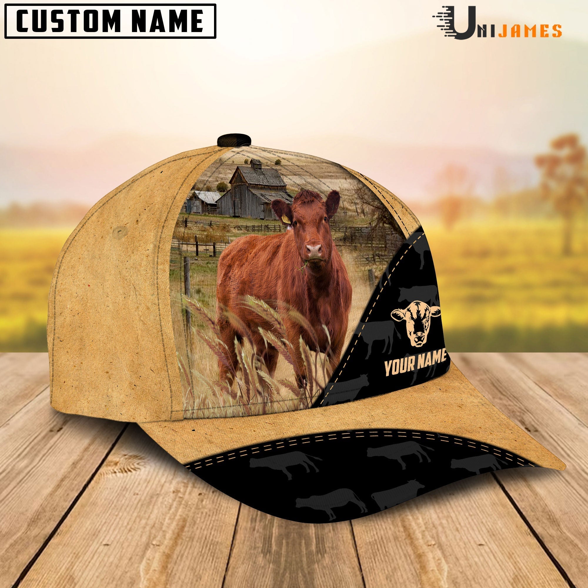 Red Angus Cattle Black & Yellow Personalized Name Cap