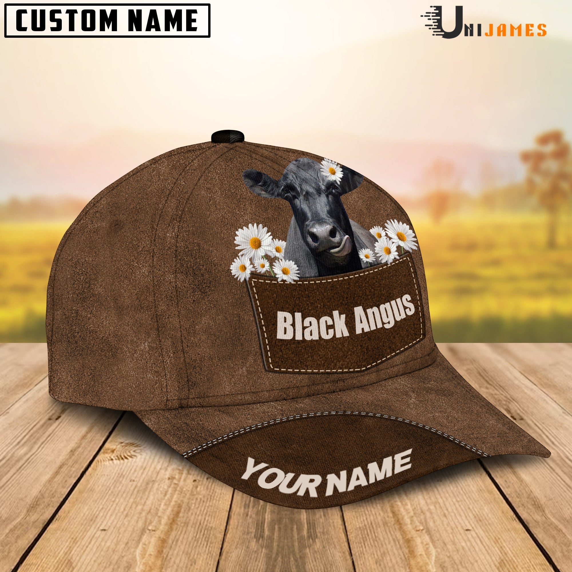 Black Angus Daisy Flowers Brown Customized Name Cap