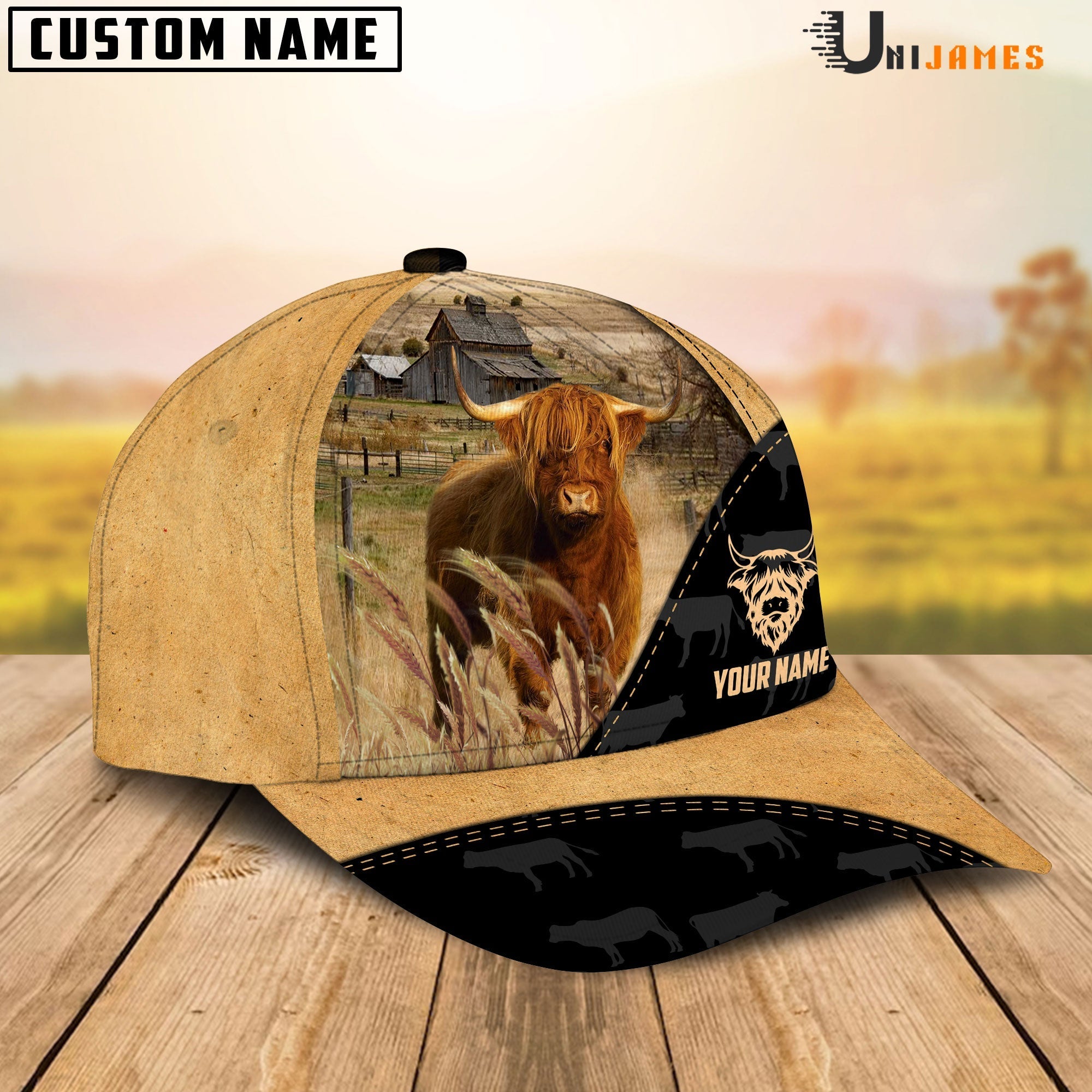 Highland Cattle Black & Yellow Personalized Name Cap