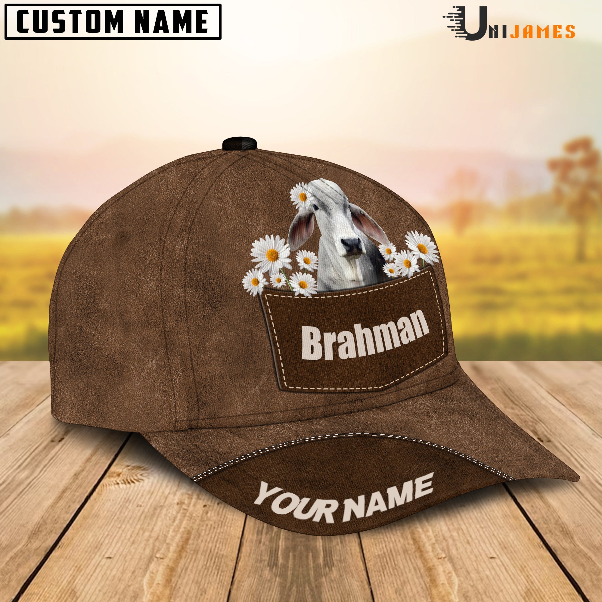 Brahman Daisy Flowers Brown Customized Name Cap