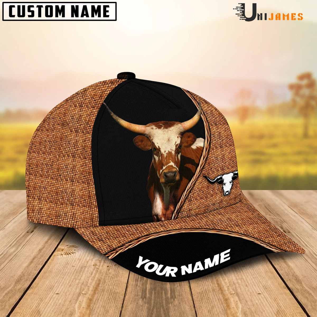 Texas Longhorn Rattan Pattern Customized Name Cap