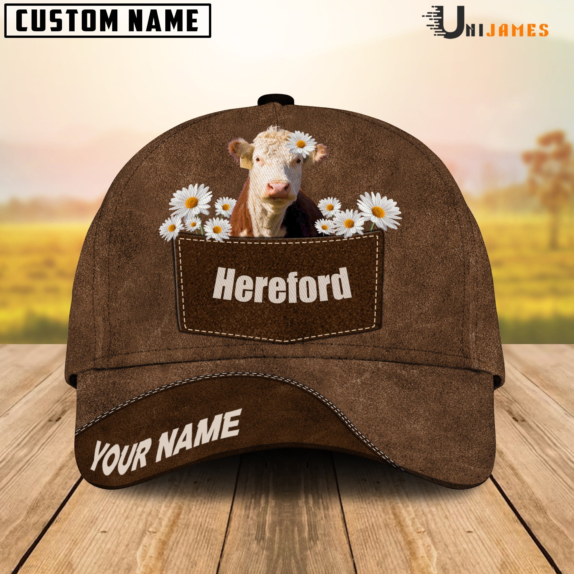 Hereford Daisy Flowers Brown Customized Name Cap