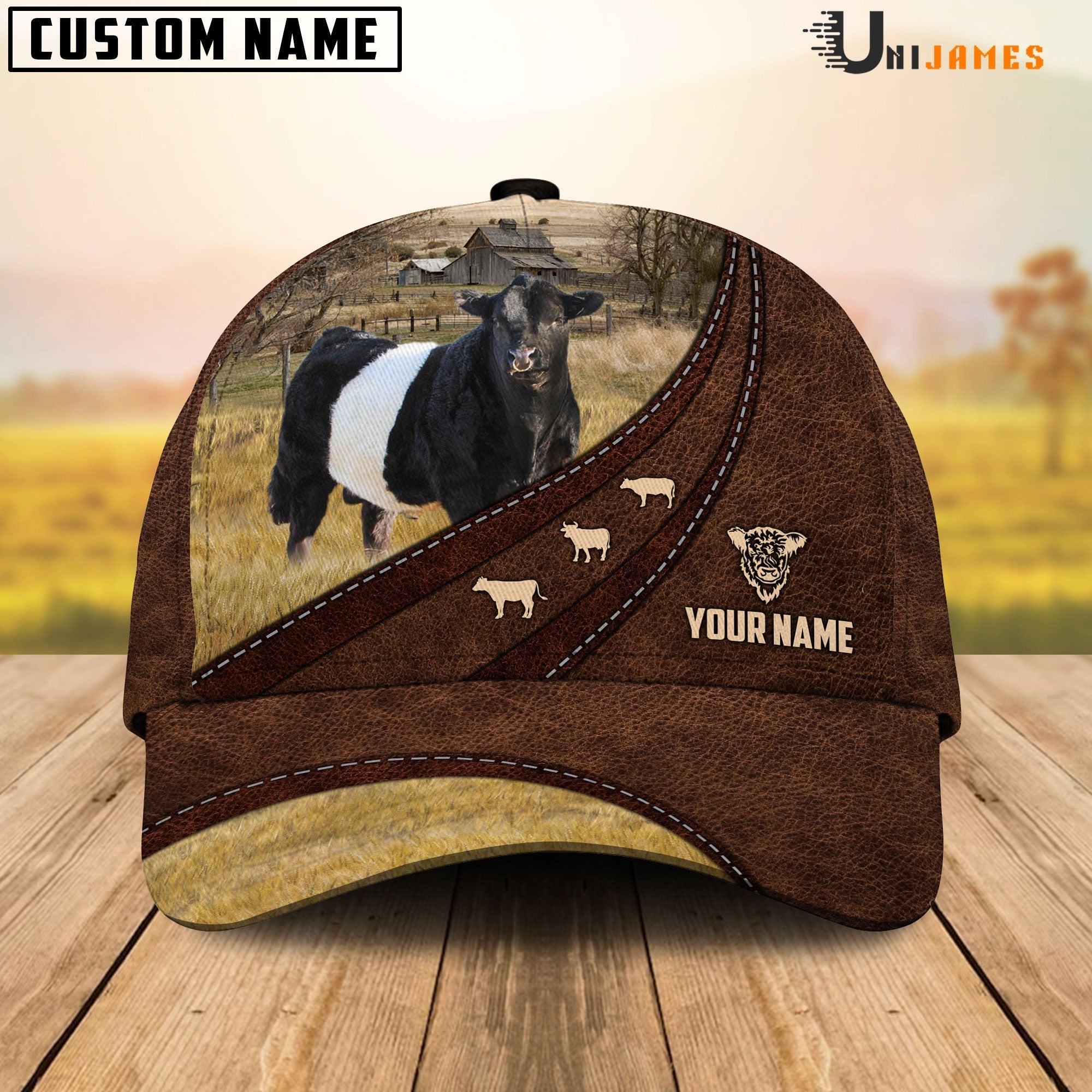 Belted Galloway Amazing Farm Leather Pattern Customized Name Cap