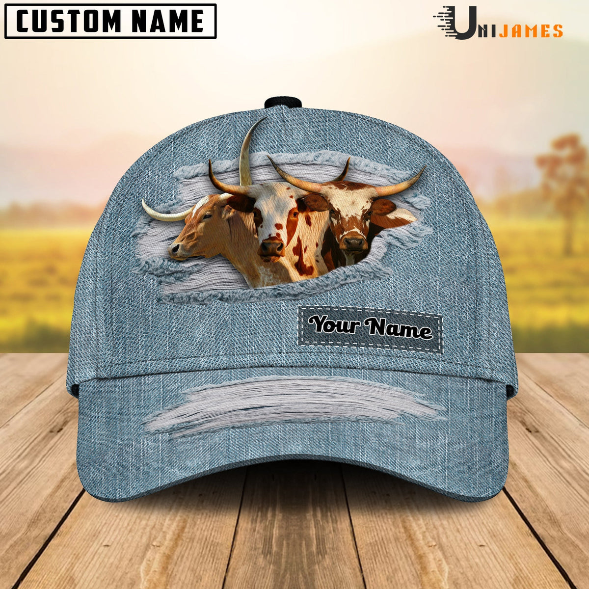 Texas Longhorn Jeans Style Pattern Customized Name Cap