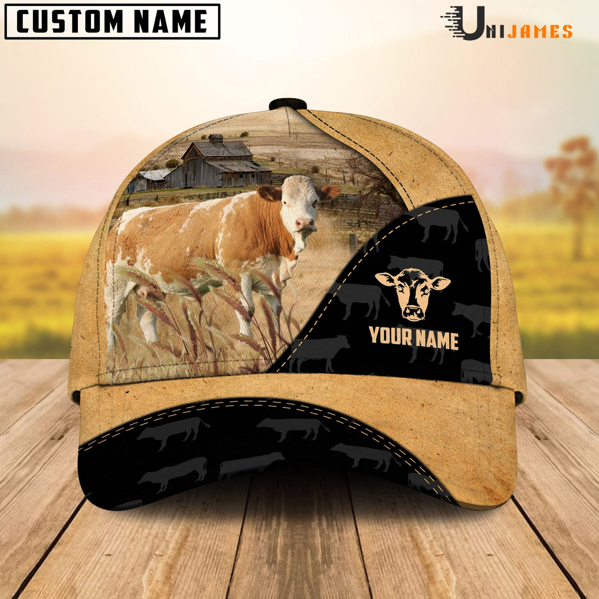 Simmental Cattle Black & Yellow Personalized Name Cap