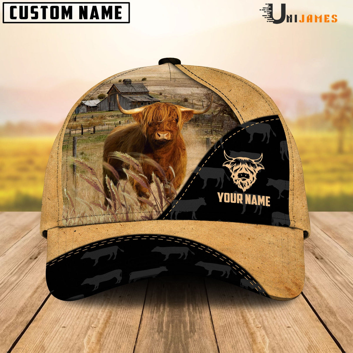 Highland Cattle Black & Yellow Personalized Name Cap