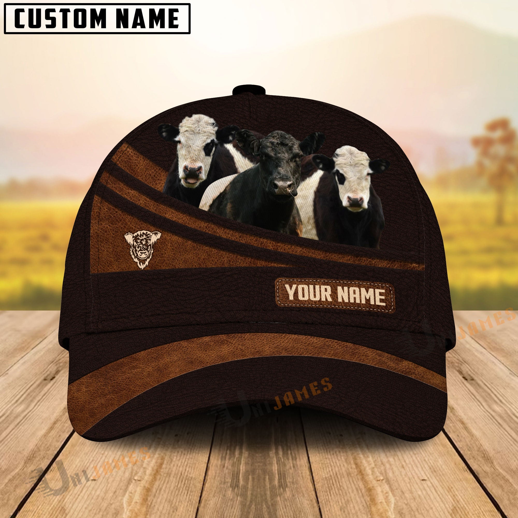 Belted Galloway Farm Leather Pattern Customized Name Cap