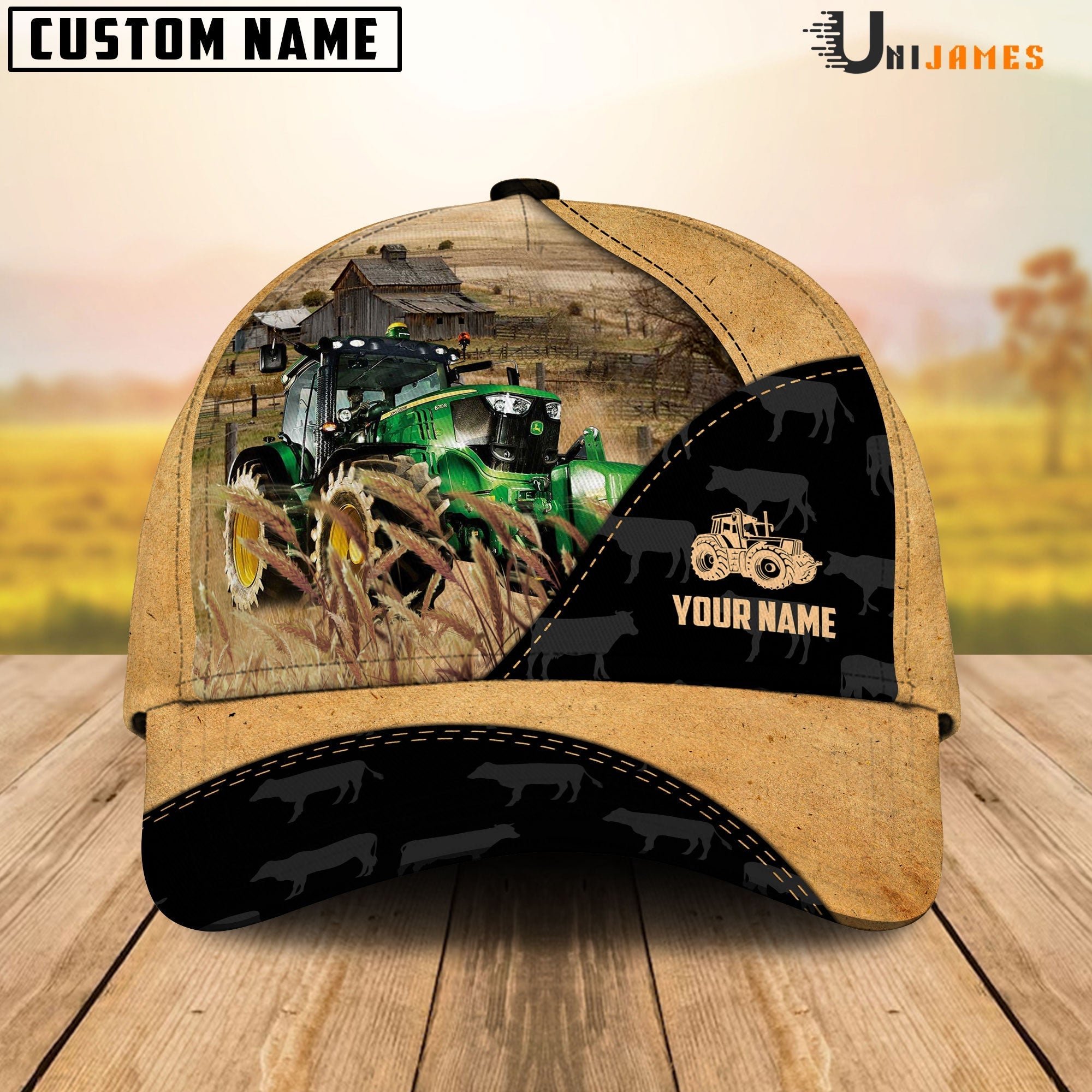 Tractor Cattle Black & Yellow Personalized Name Cap