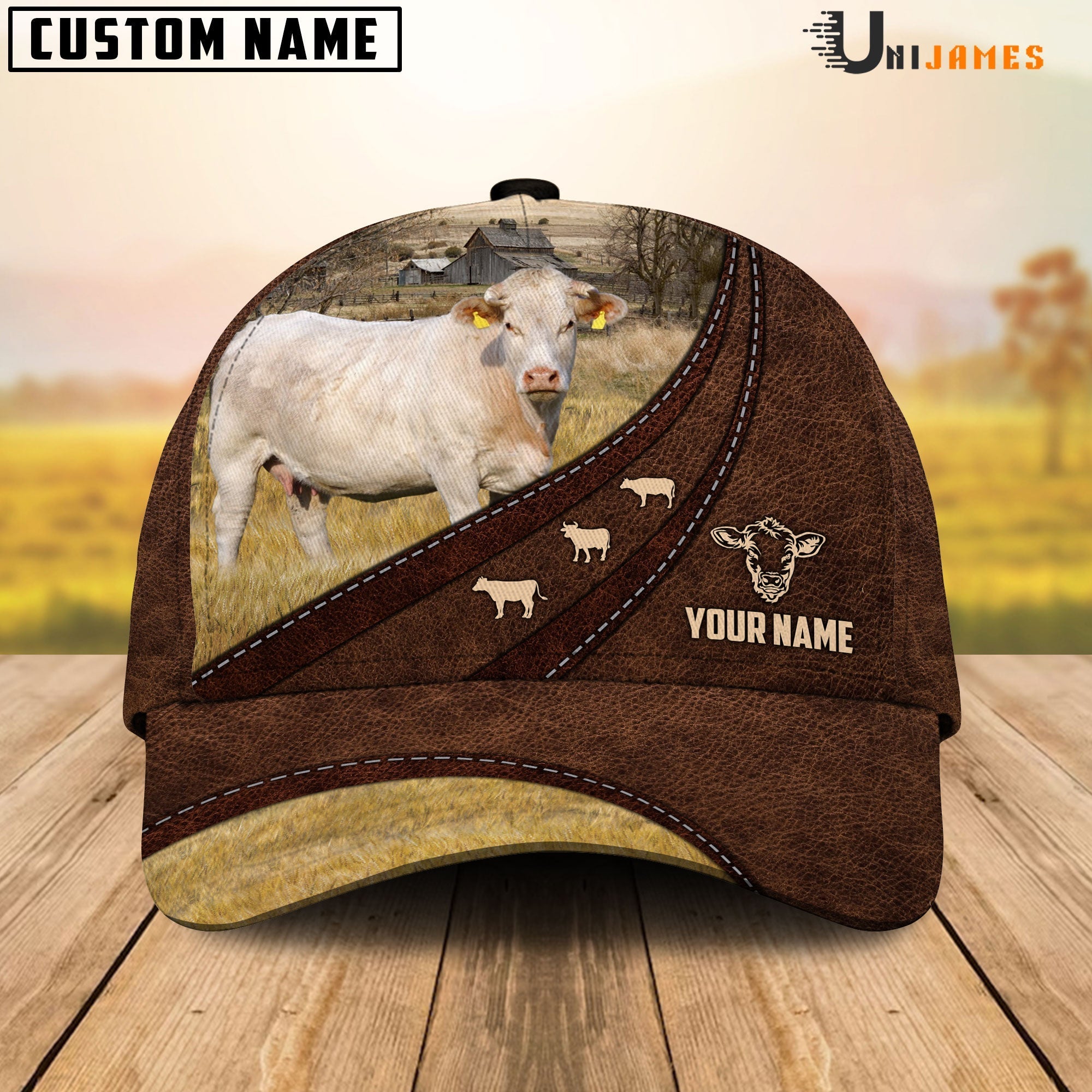 Charolais Amazing Farm Leather Pattern Customized Name Cap
