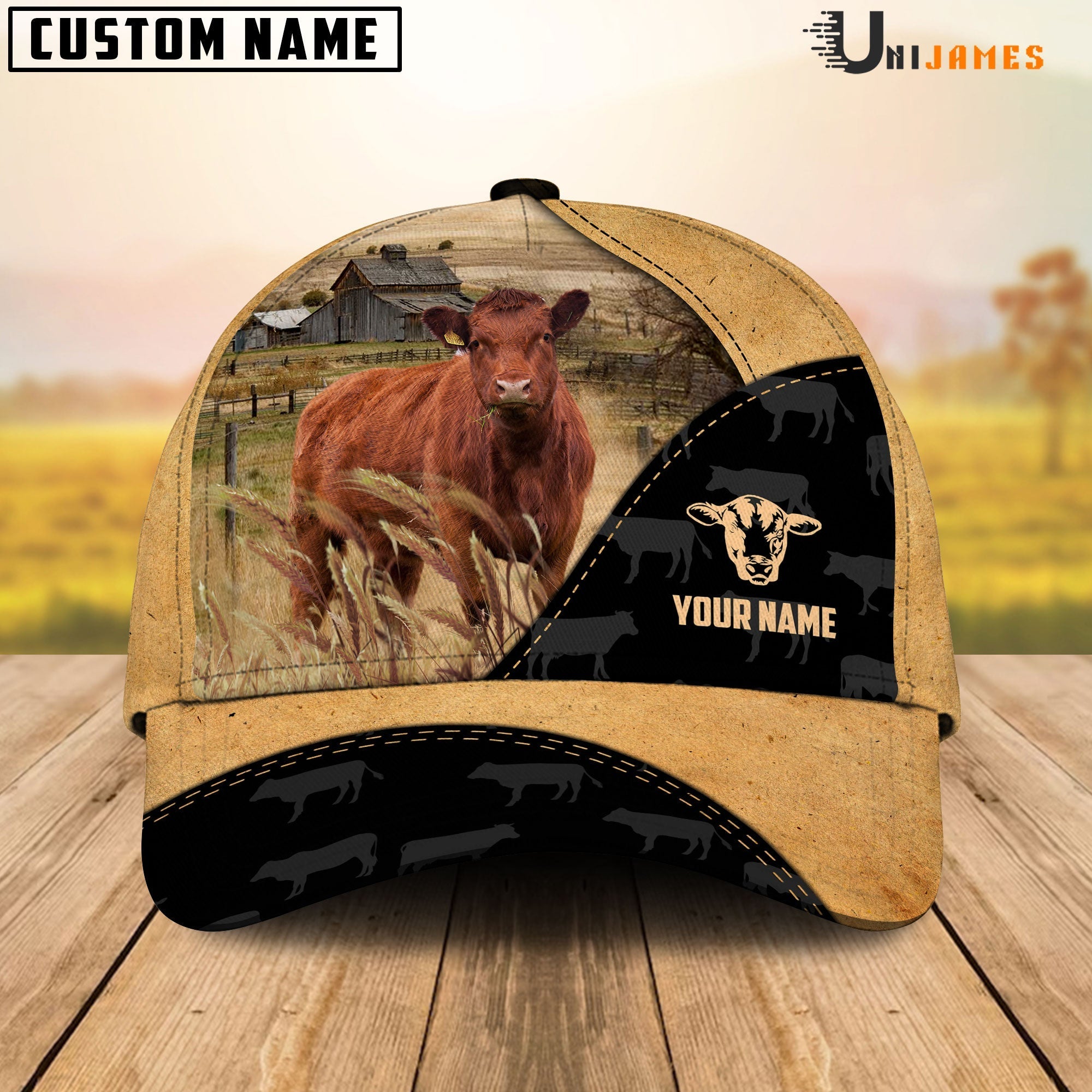 Red Angus Cattle Black & Yellow Personalized Name Cap
