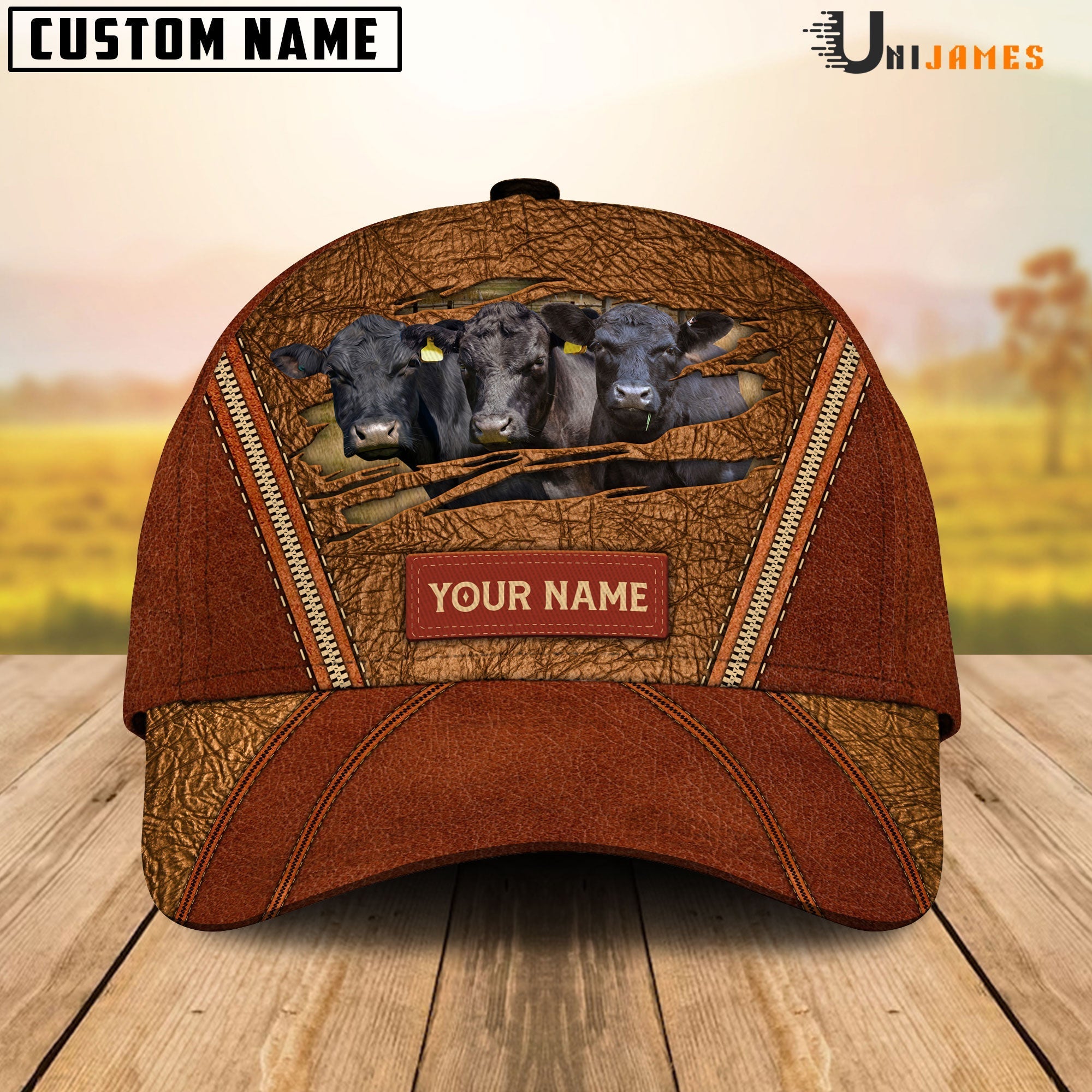 Black Angus Happy Face Cattle Customized Name Cap