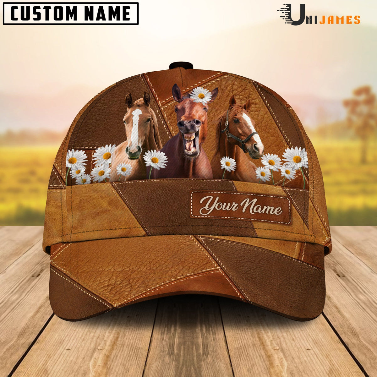 Horse Daisy Flowers Customized Name Cap