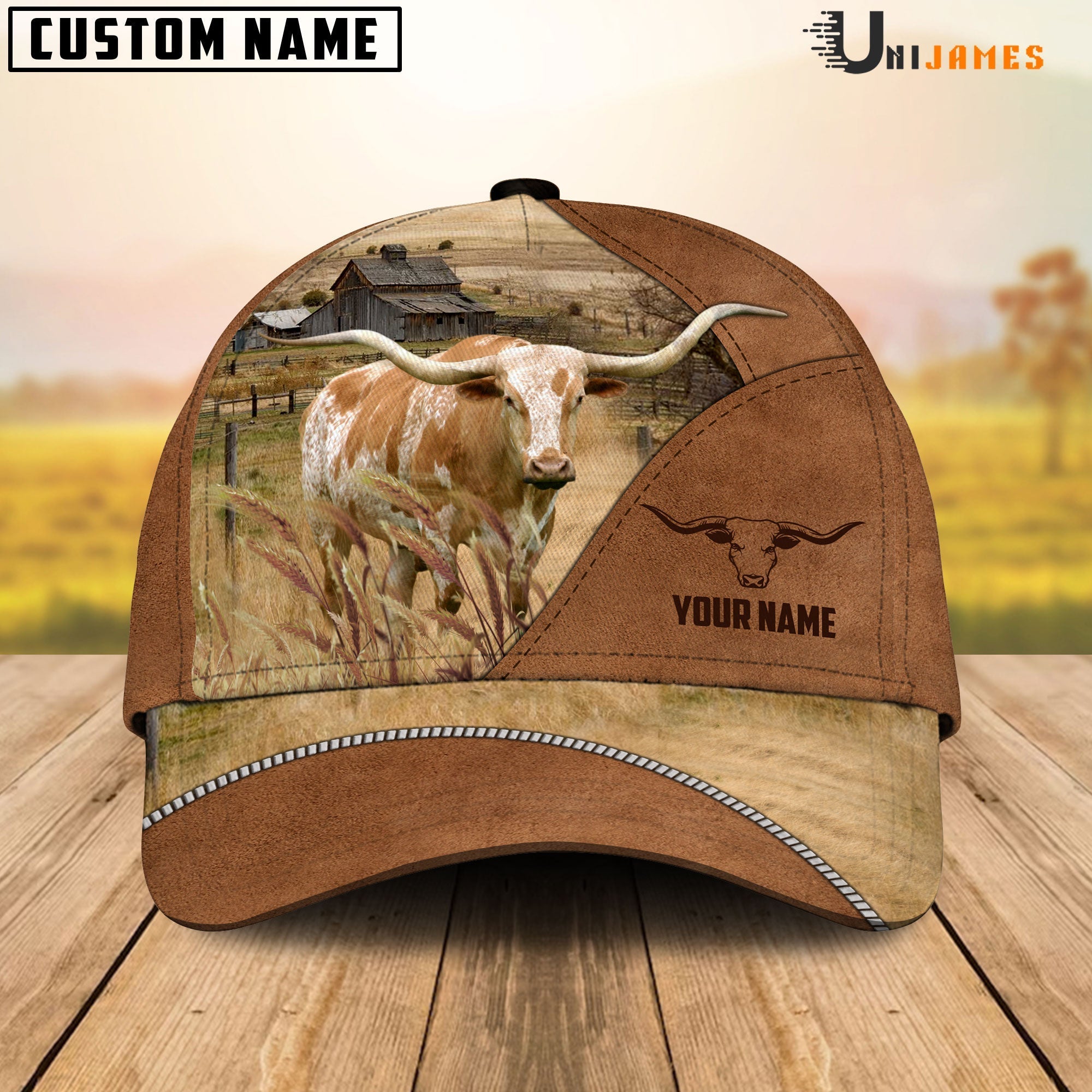 Texas Longhorn Cattle Personalized Name Brown Farm Cap