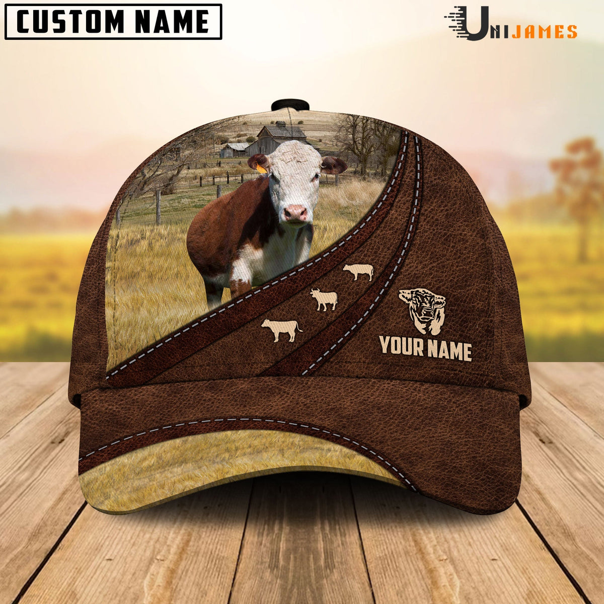 Hereford Amazing Farm Leather Pattern Customized Name Cap