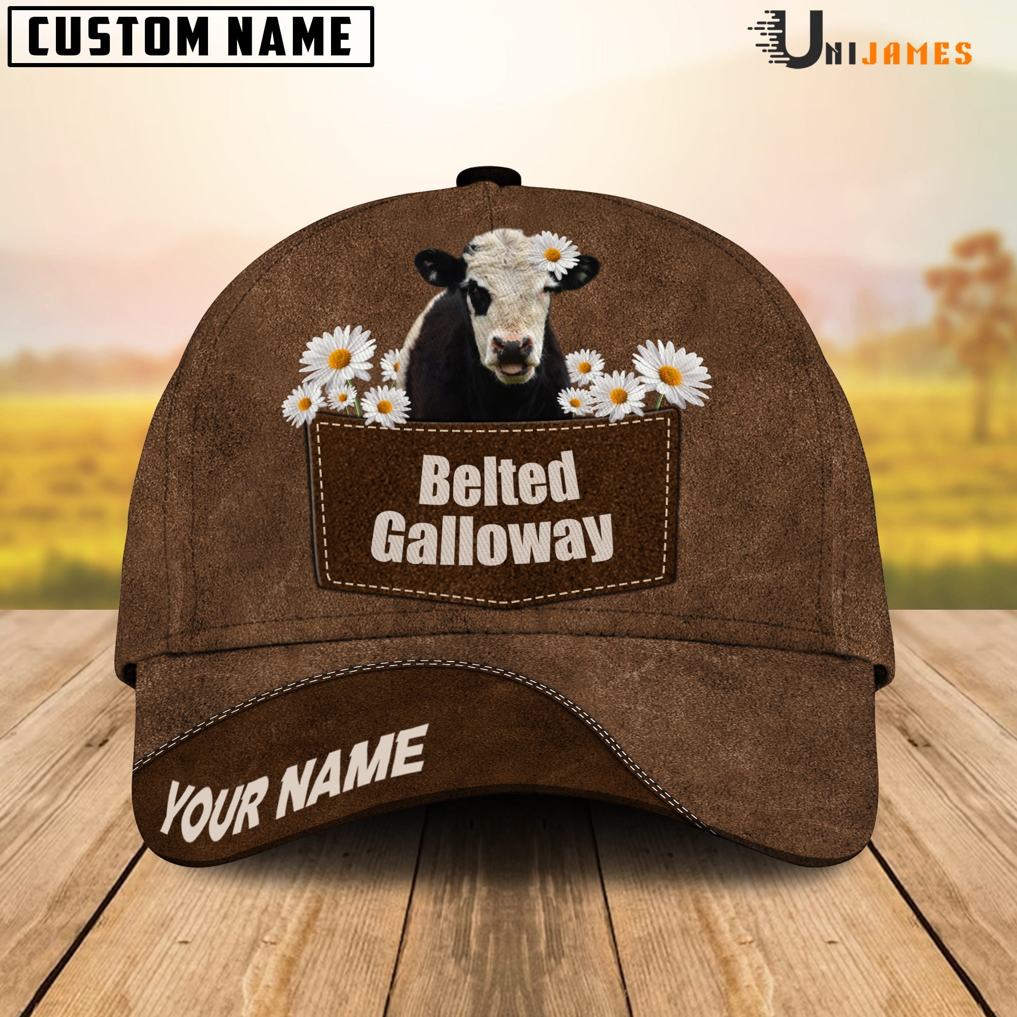 Belted Galloway Daisy Flowers Brown Customized Name Cap