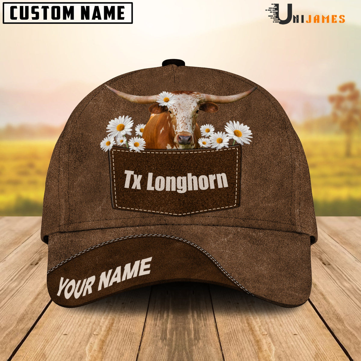 Texas Longhorn Daisy Flowers Brown Customized Name Cap