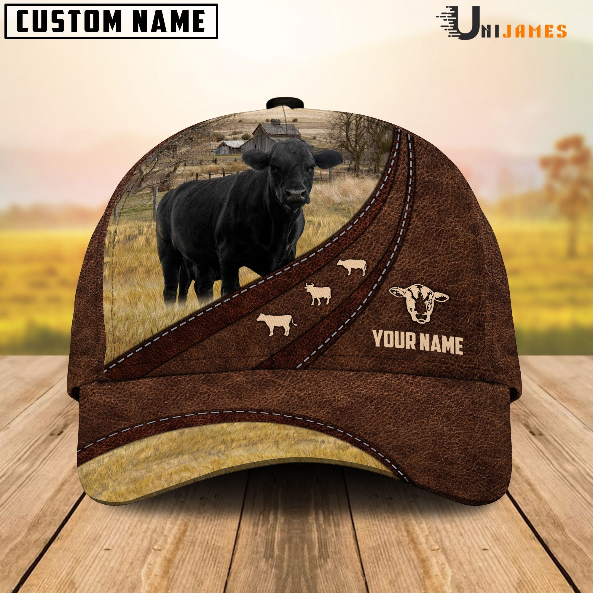 Black Angus Amazing Farm Leather Pattern Customized Name Cap