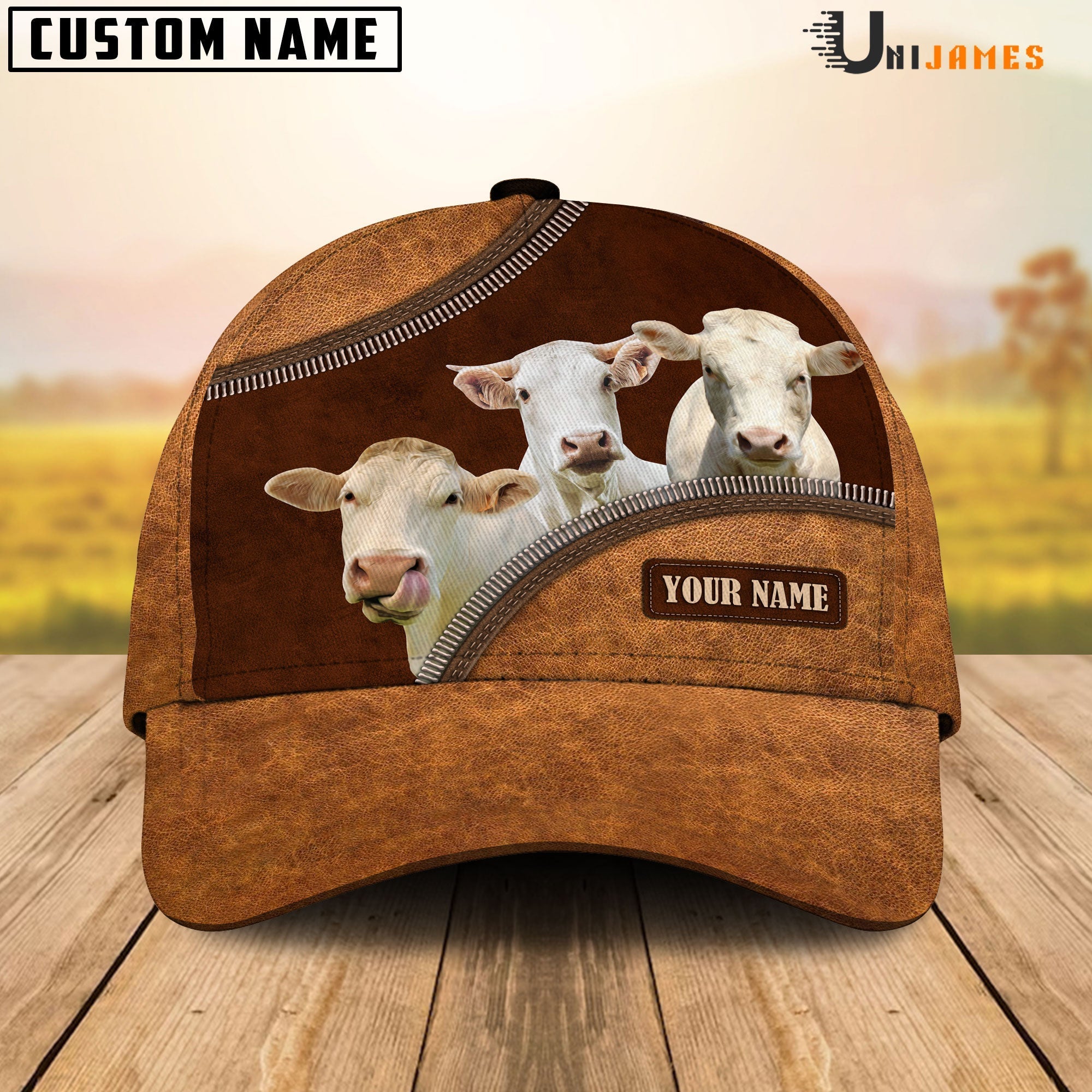 Charolais Happiness Leather Pattern Customized Name Cap