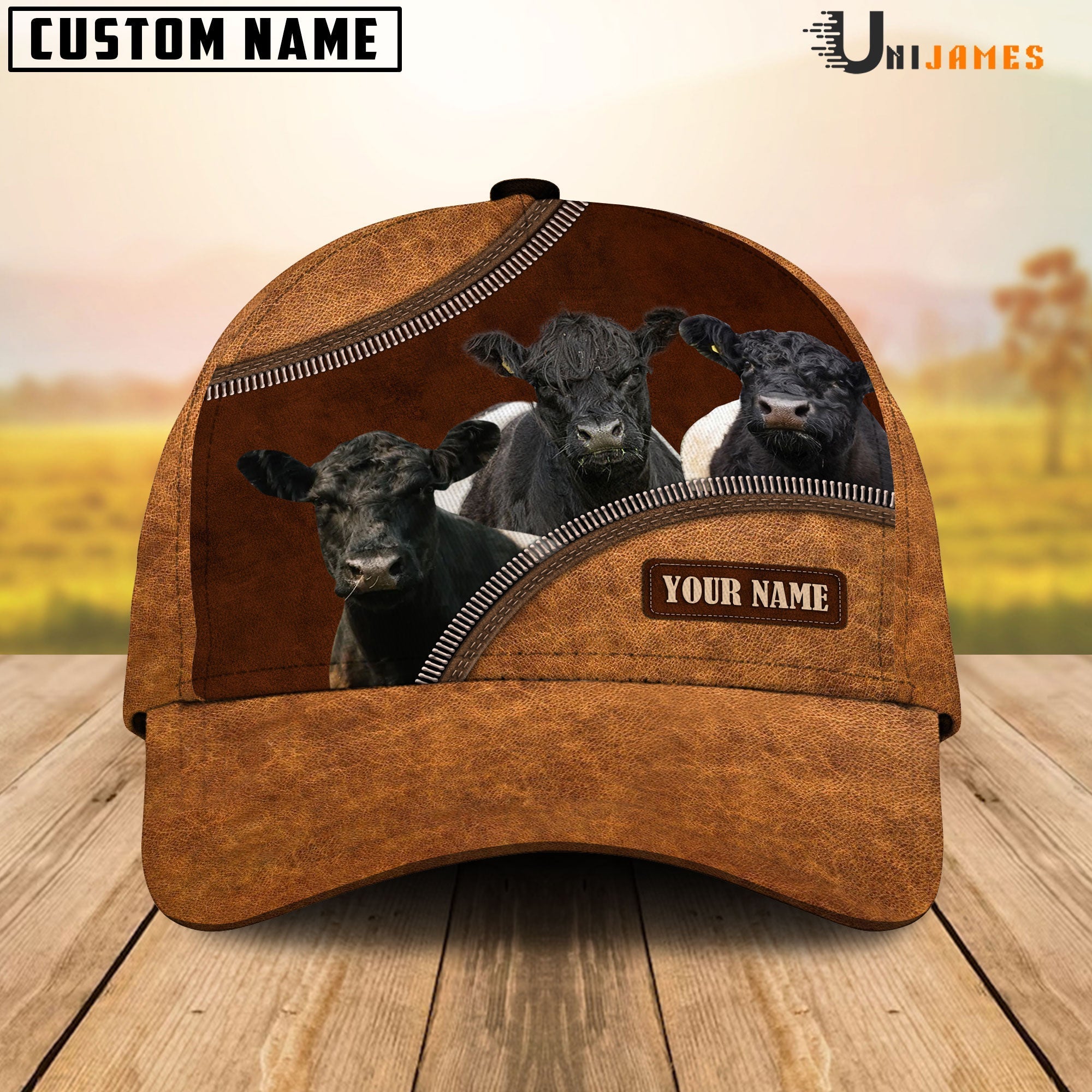 Belted Galloway Happiness Leather Pattern Customized Name Cap