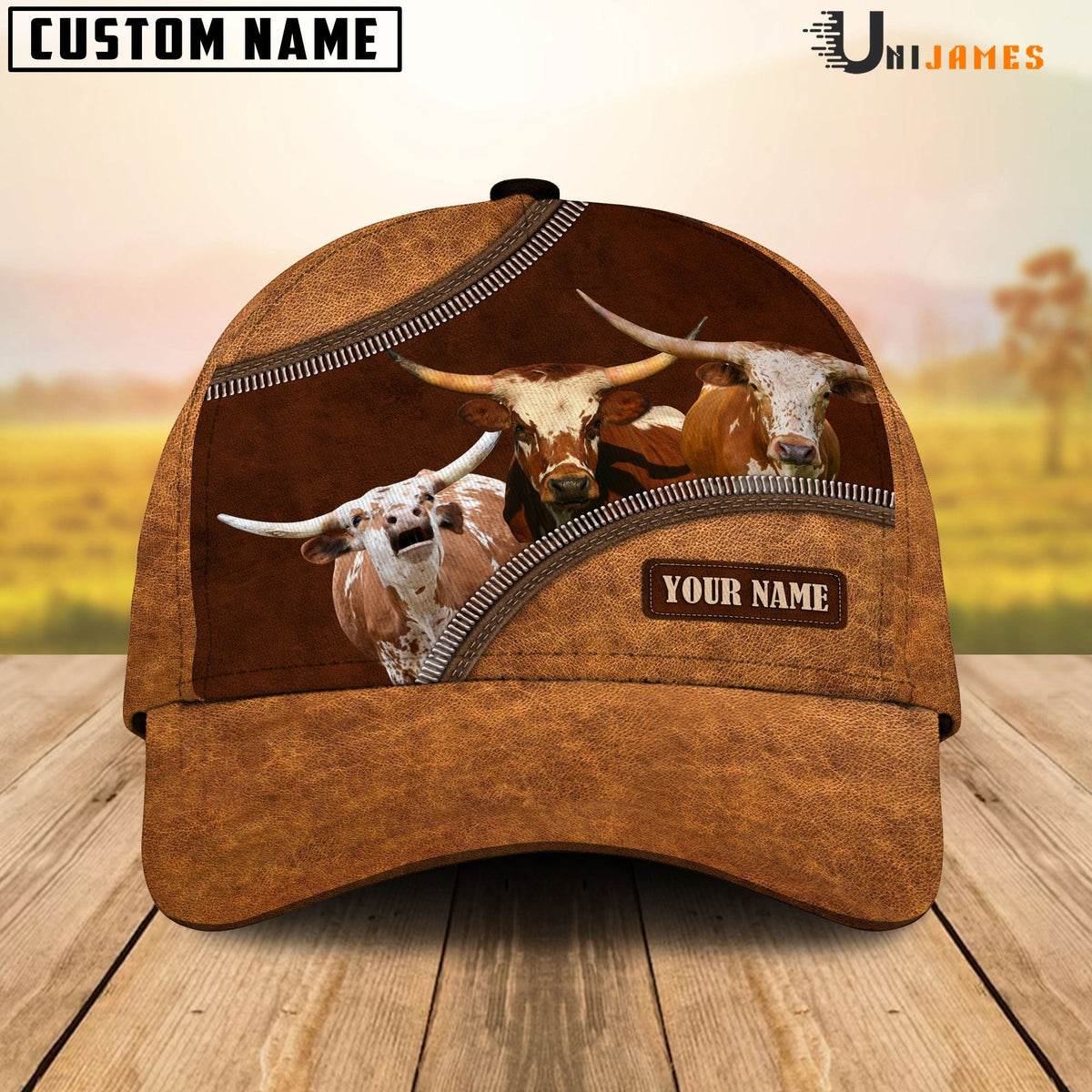 Texas Longhorn Happiness Leather Pattern Customized Name Cap
