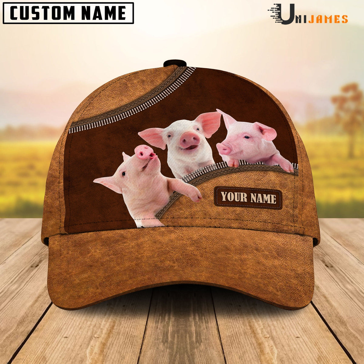 Pig Happiness Leather Pattern Customized Name Cap