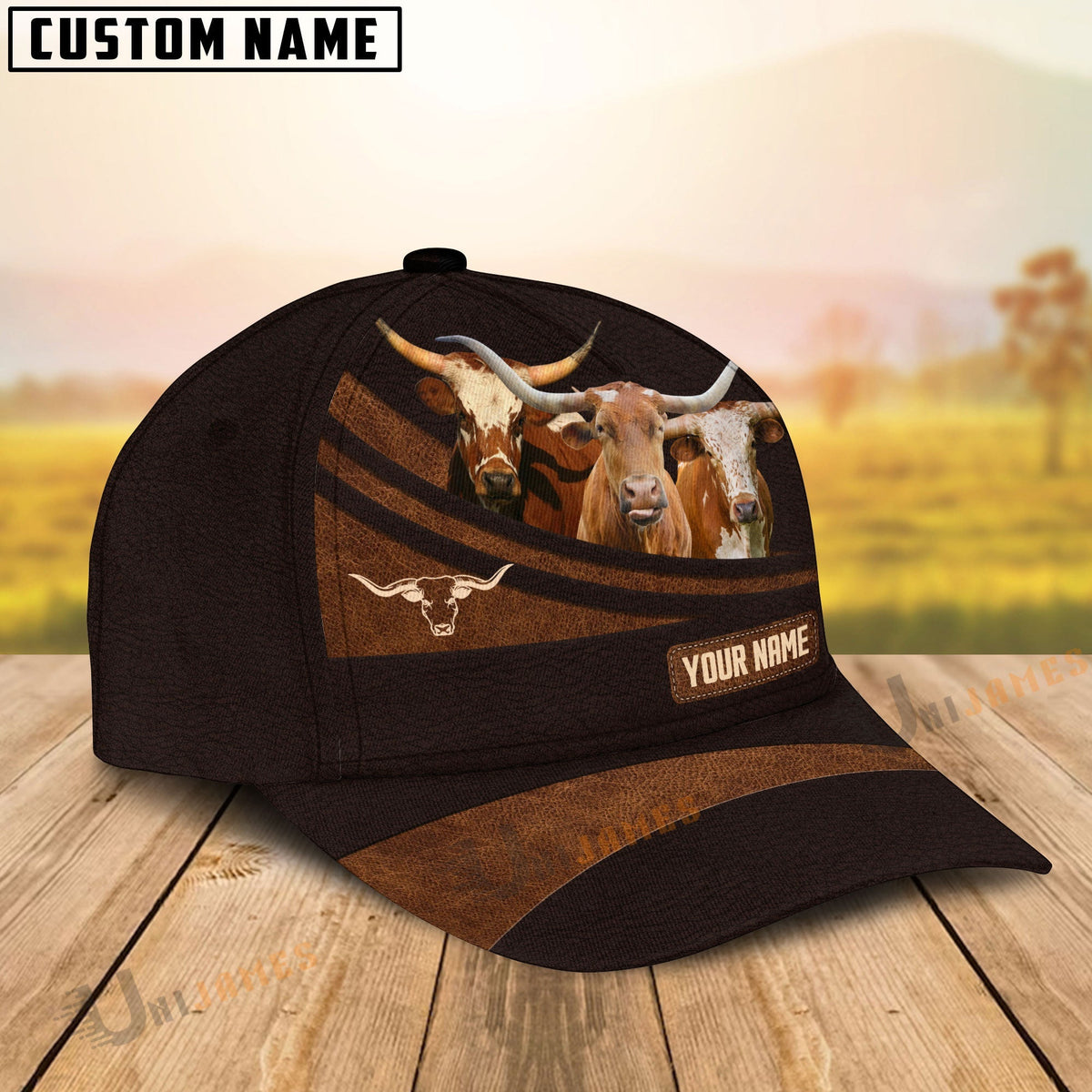 Texas Longhorn Farm Leather Pattern Customized Name Cap